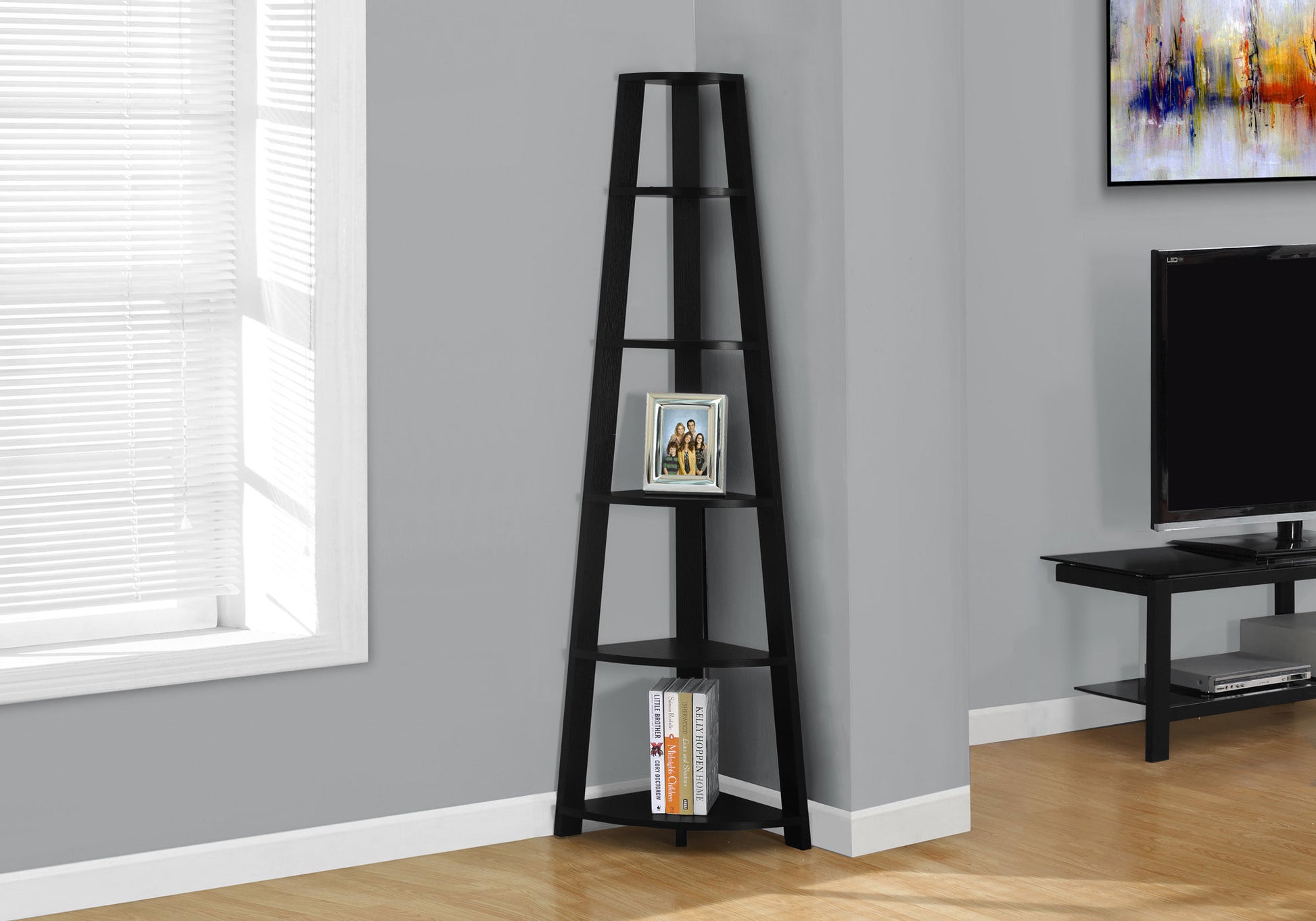 71" Espresso Wood Five Tier Corner Bookcase-Bookcases-DECOROLALA