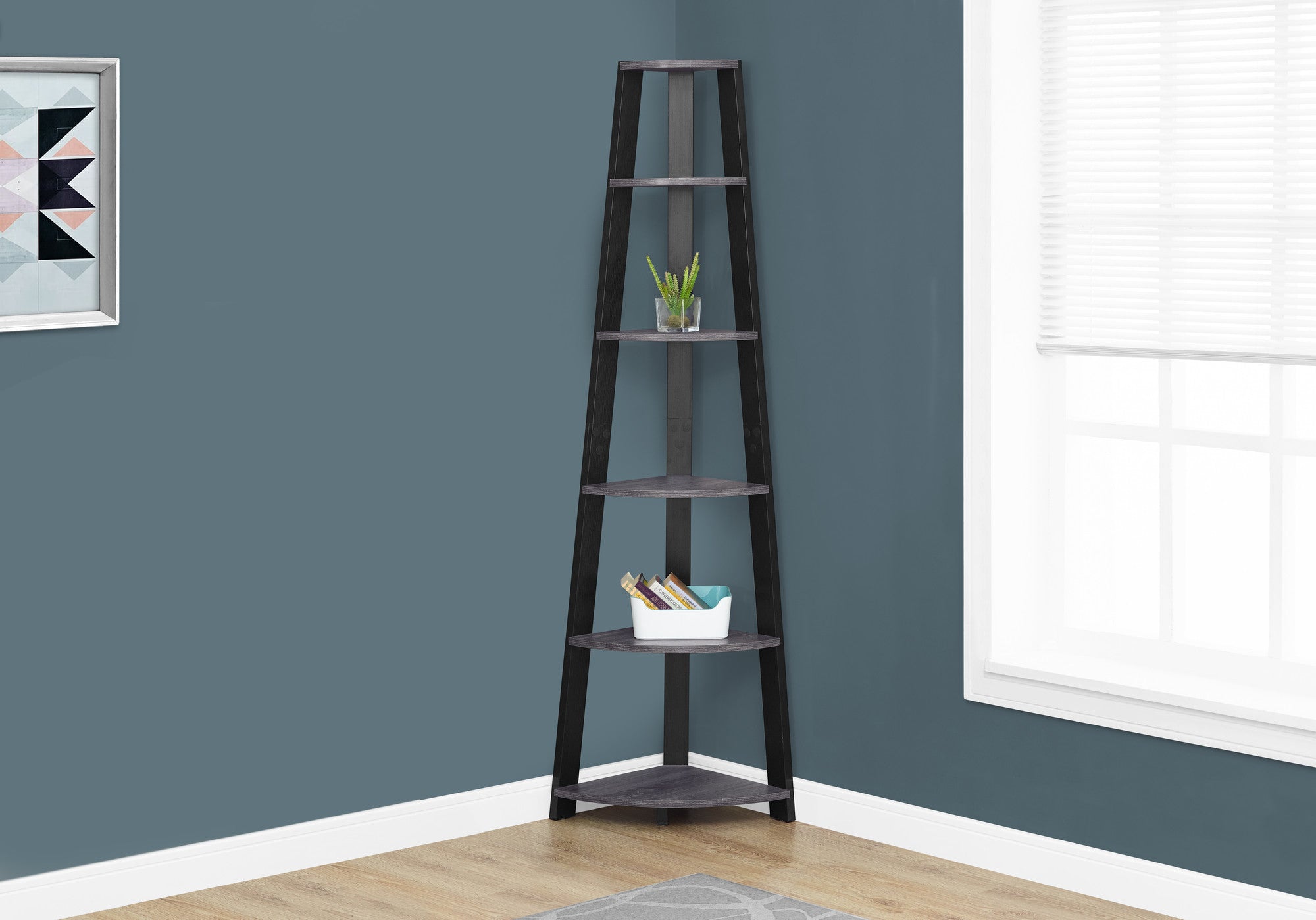 71" Espresso Wood Five Tier Corner Bookcase-Bookcases-DECOROLALA