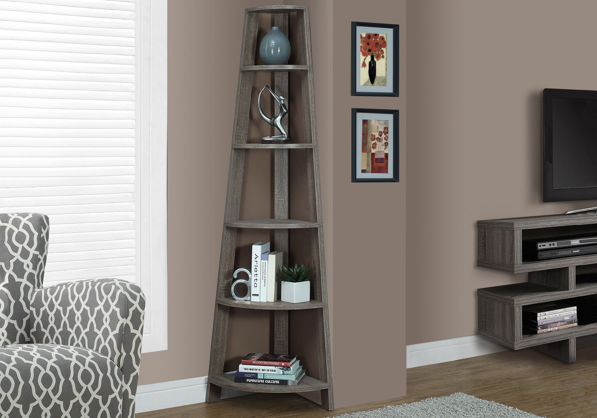71" Espresso Wood Five Tier Corner Bookcase-Bookcases-DECOROLALA