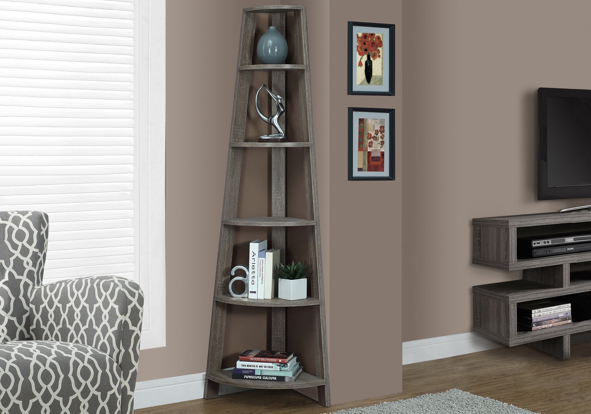 71" Espresso Wood Five Tier Corner Bookcase-Bookcases-DECOROLALA