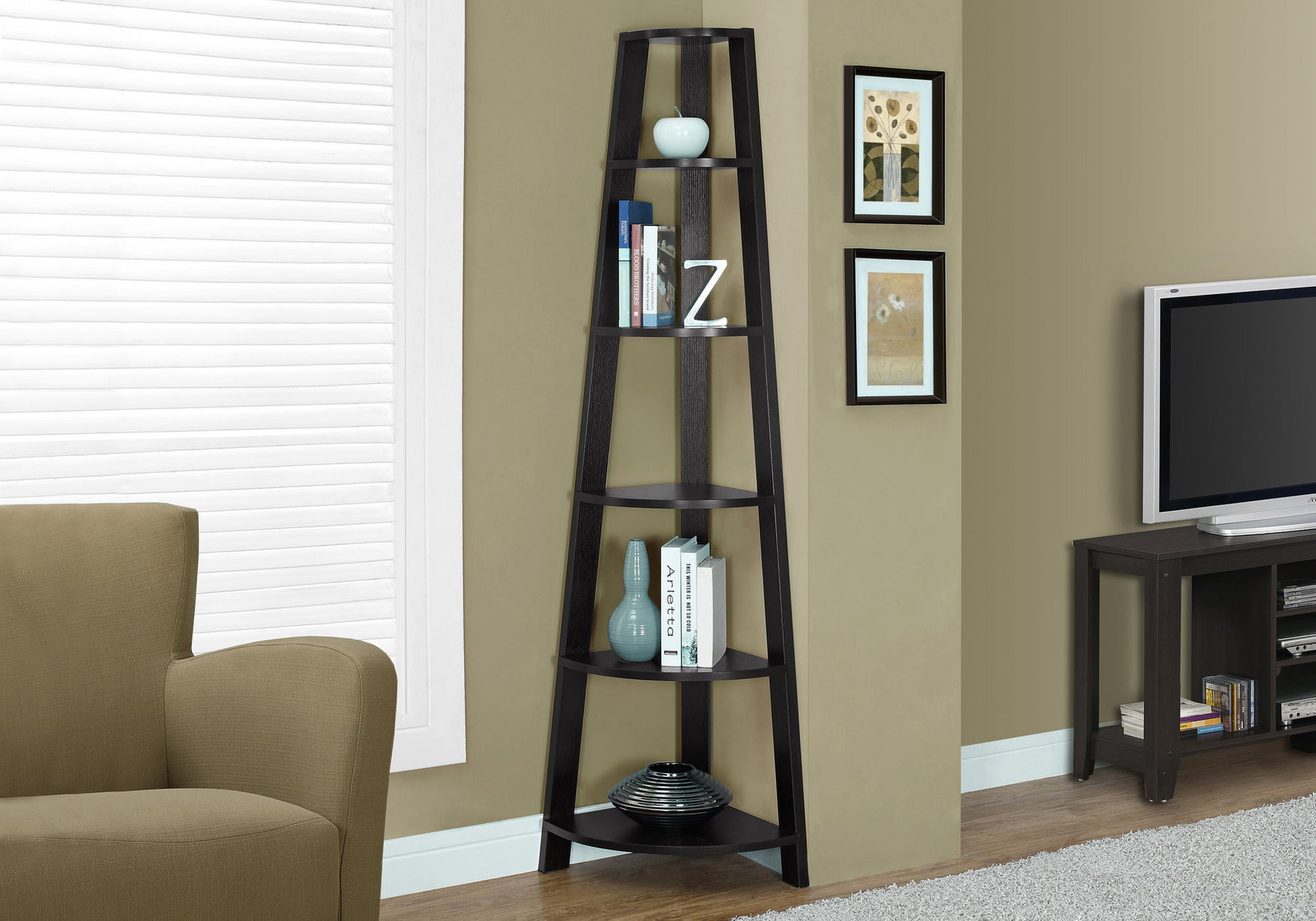 71" Espresso Wood Five Tier Corner Bookcase-Bookcases-DECOROLALA