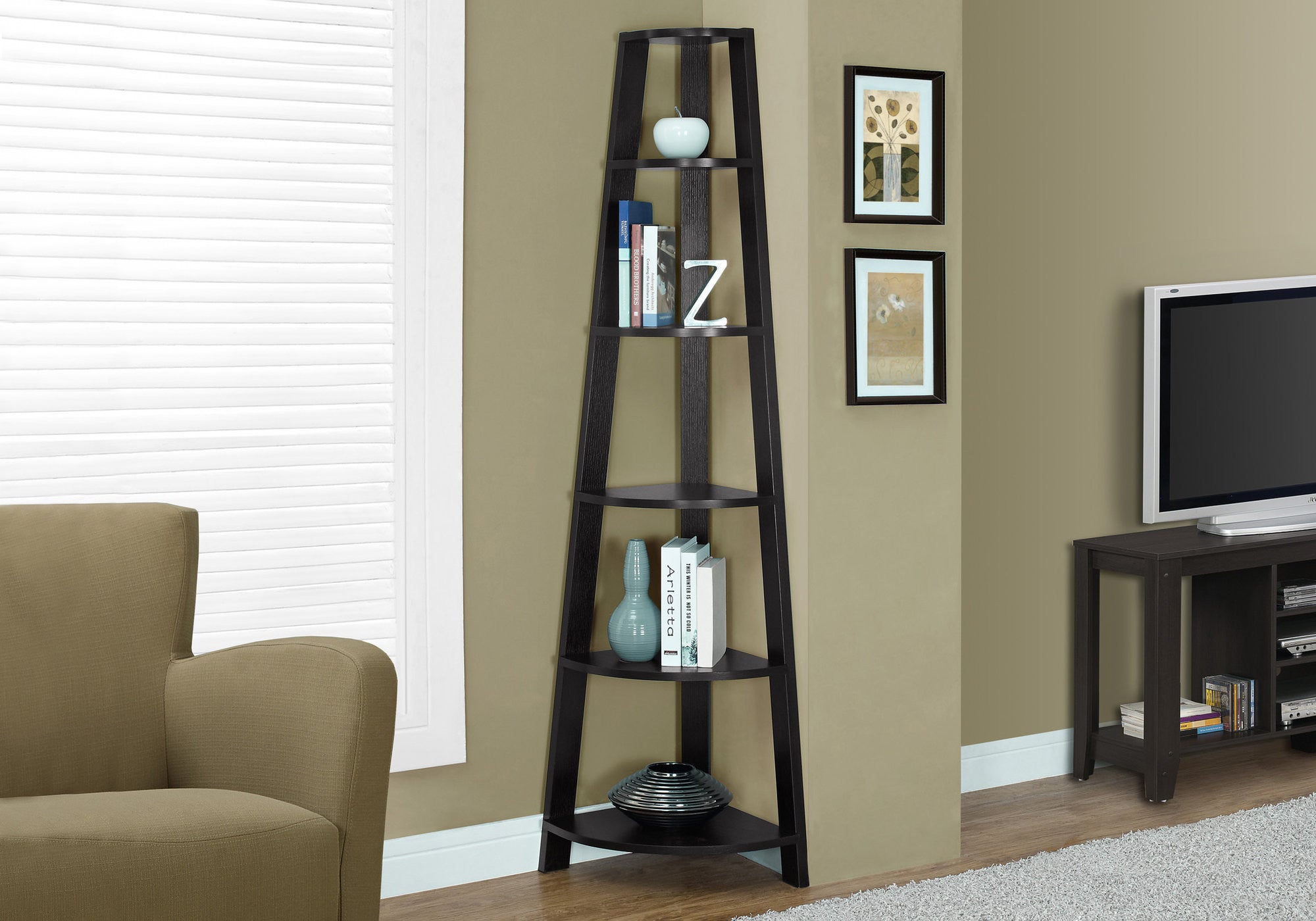 71" Espresso Wood Five Tier Corner Bookcase-Bookcases-DECOROLALA