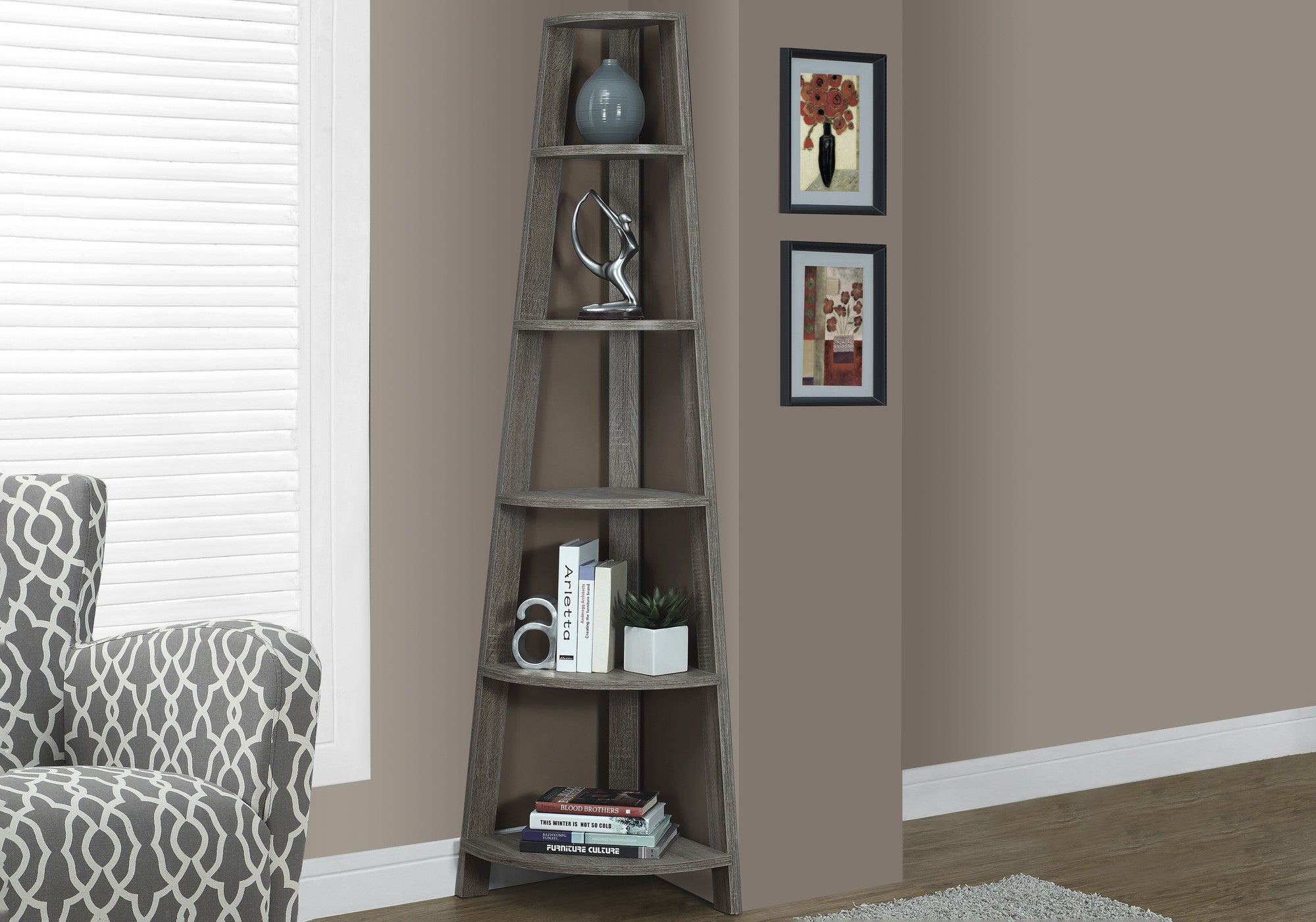 71" Espresso Wood Five Tier Corner Bookcase-Bookcases-DECOROLALA