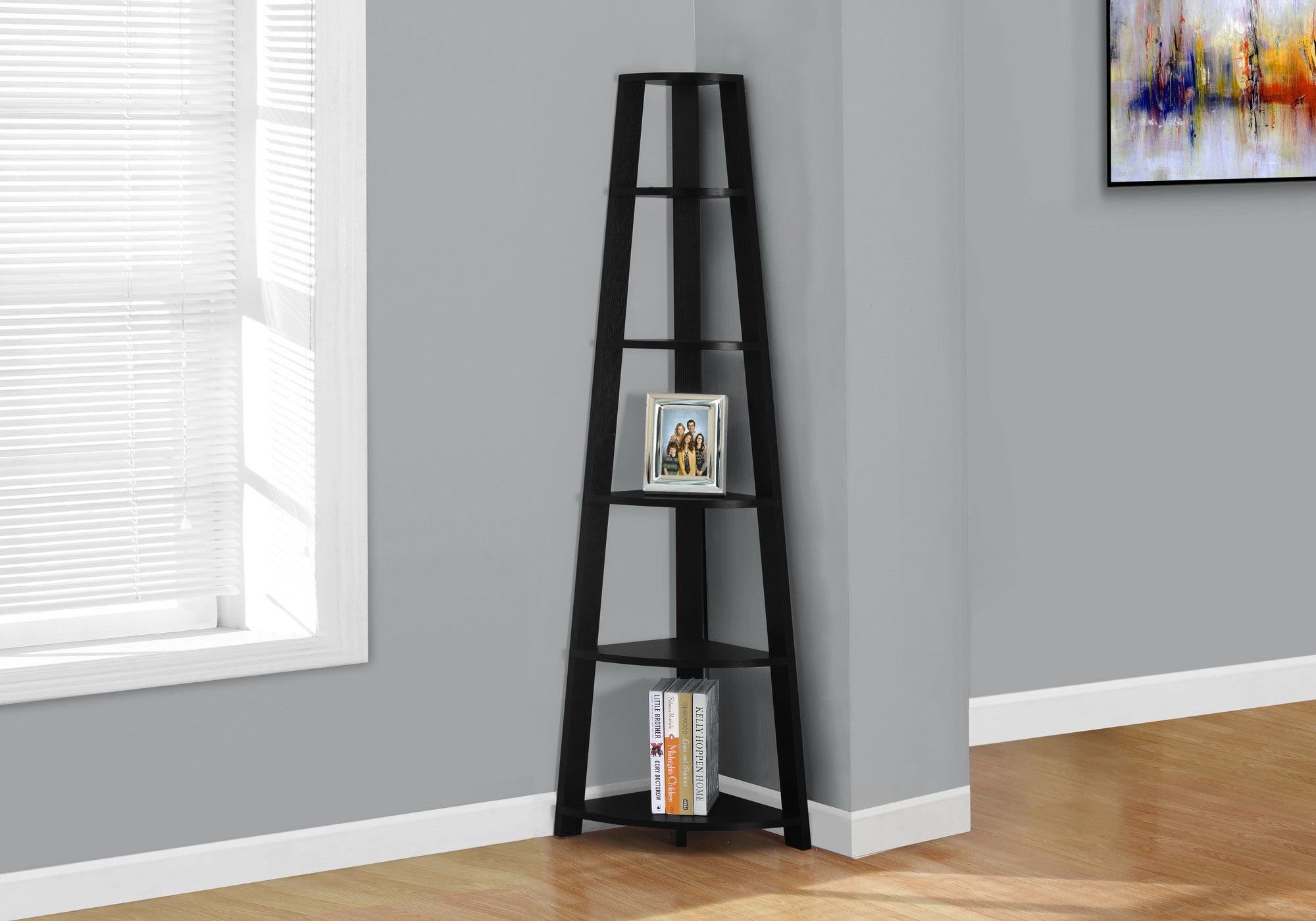71" Espresso Wood Five Tier Corner Bookcase-Bookcases-DECOROLALA