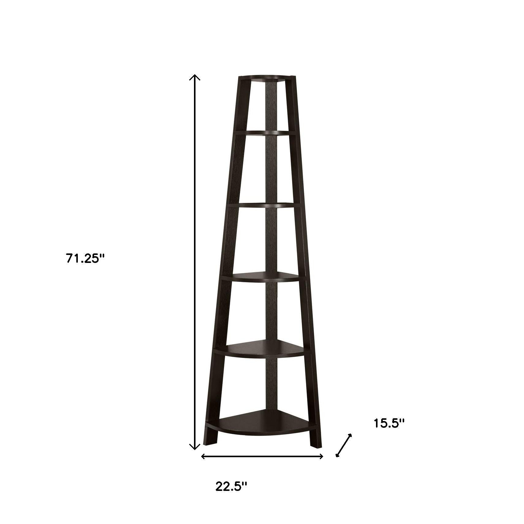 71" Espresso Wood Five Tier Corner Bookcase-Bookcases-DECOROLALA