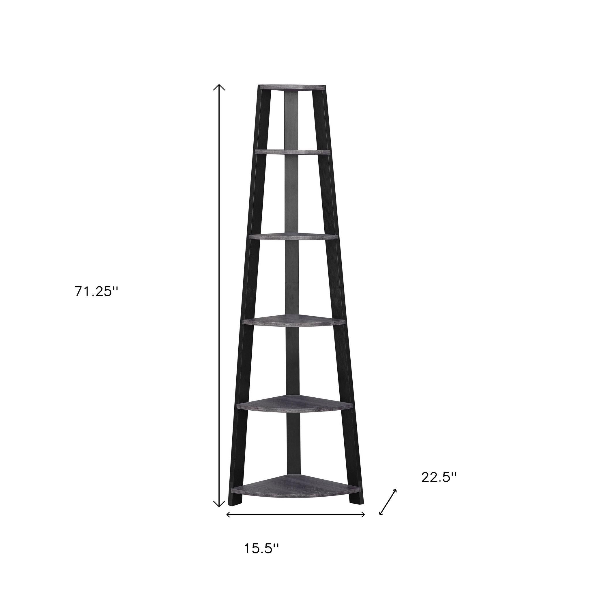 71" Espresso Wood Five Tier Corner Bookcase-Bookcases-DECOROLALA