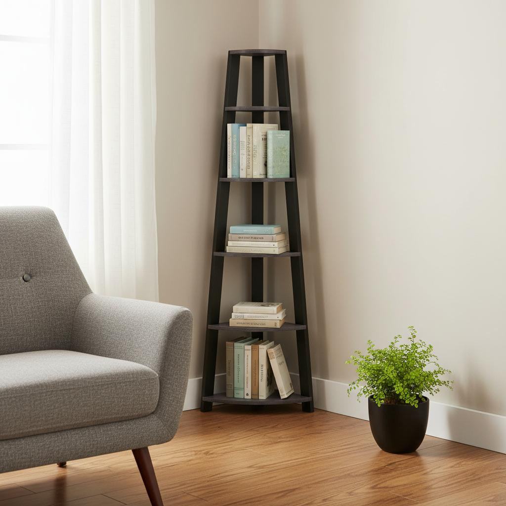 71" Espresso Wood Five Tier Corner Bookcase-Bookcases-DECOROLALA