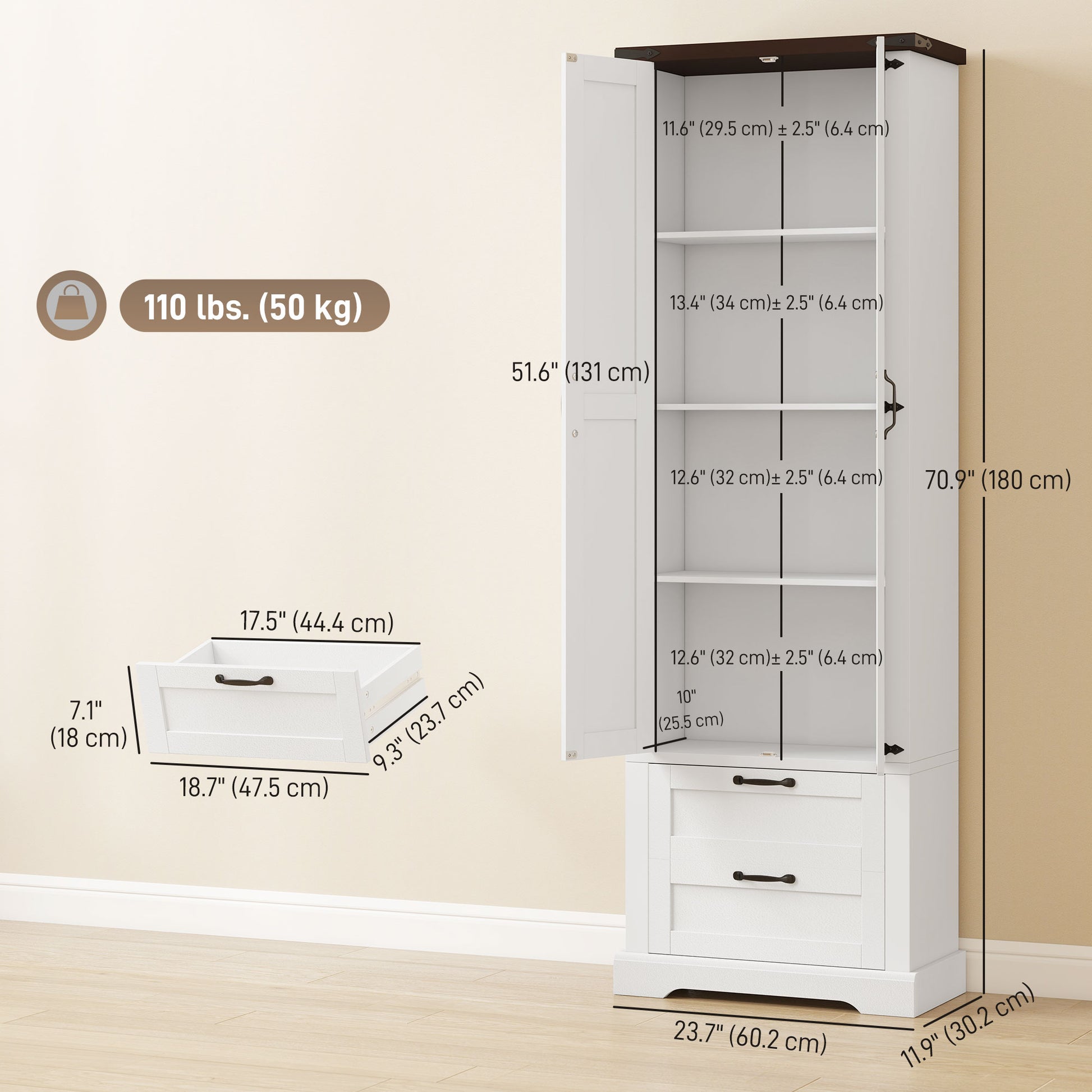 71" Farmhouse Kitchen Cabinet, 2 Drawer, Adjustable Shelves, White-DECOROLALA