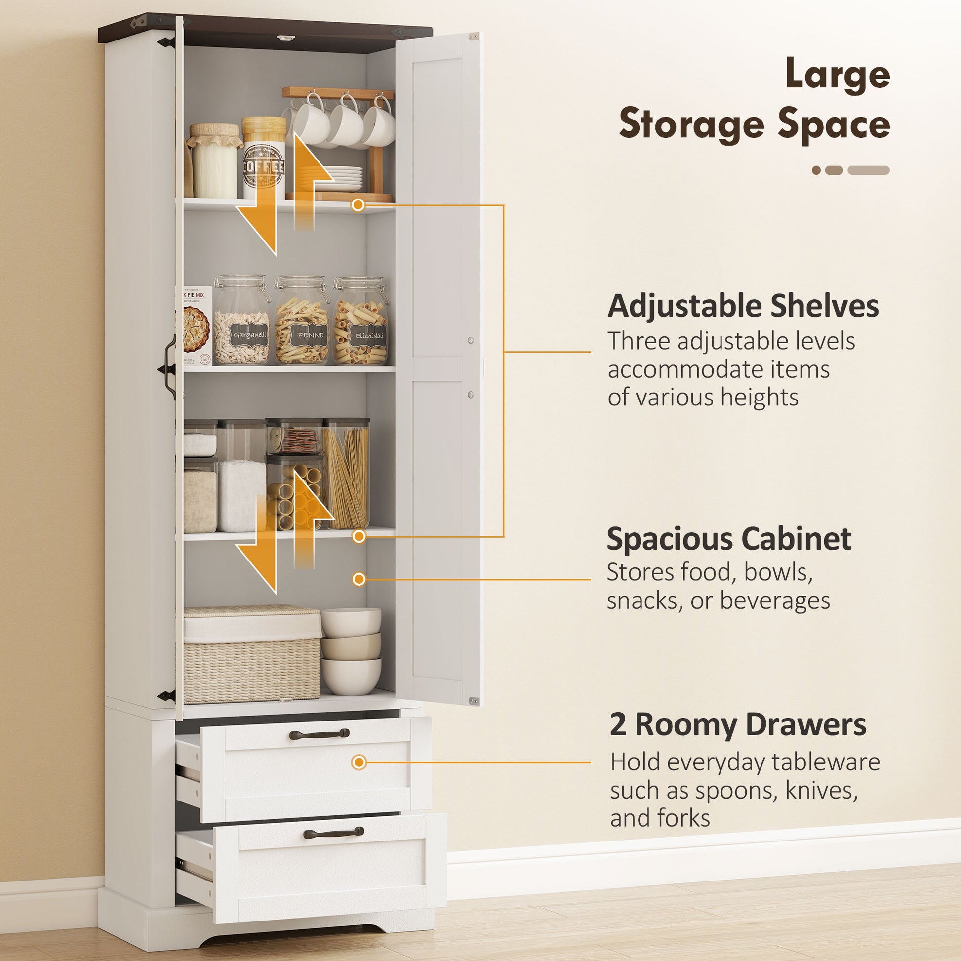 71" Farmhouse Kitchen Cabinet, 2 Drawer, Adjustable Shelves, White-DECOROLALA