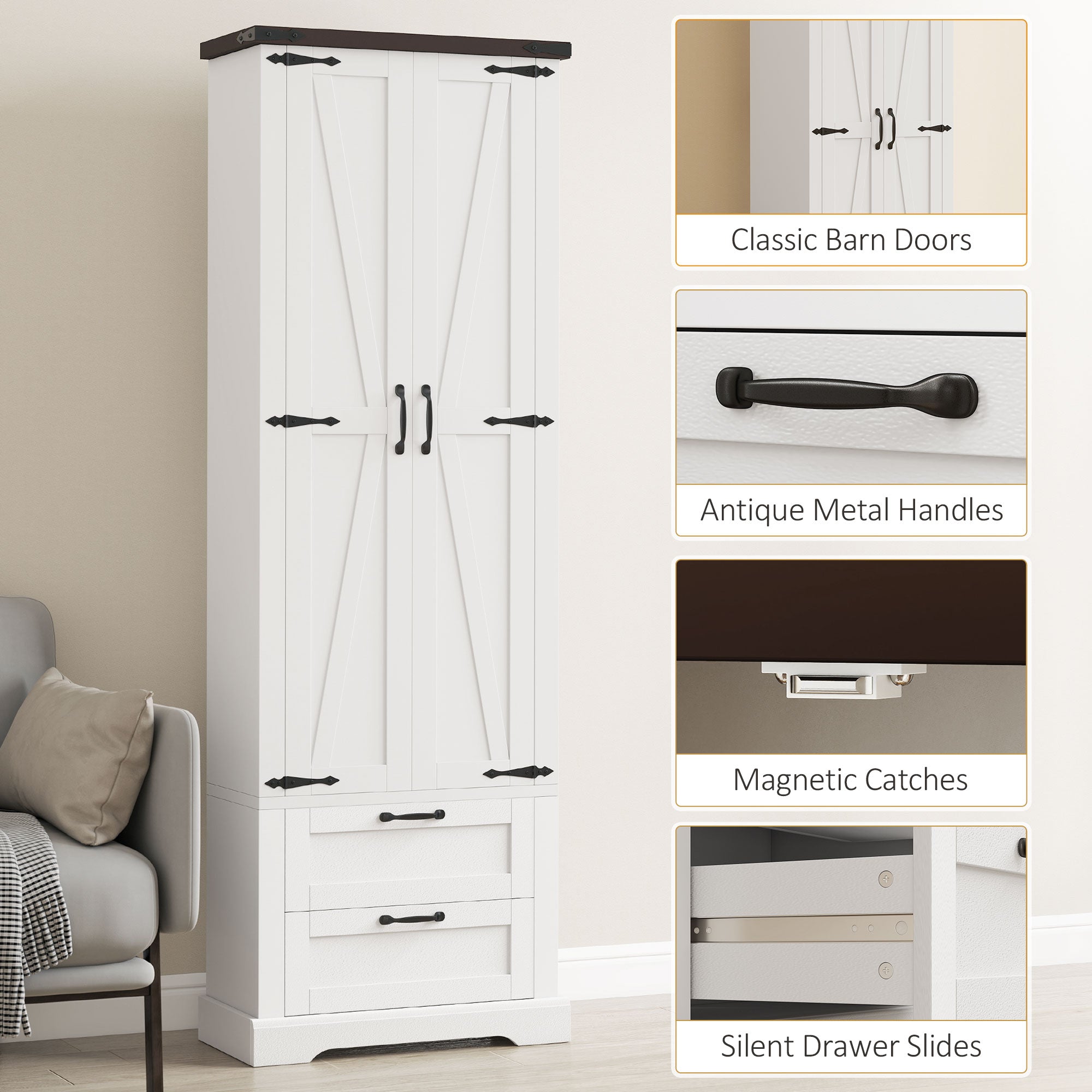71" Farmhouse Kitchen Cabinet, 2 Drawer, Adjustable Shelves, White-DECOROLALA
