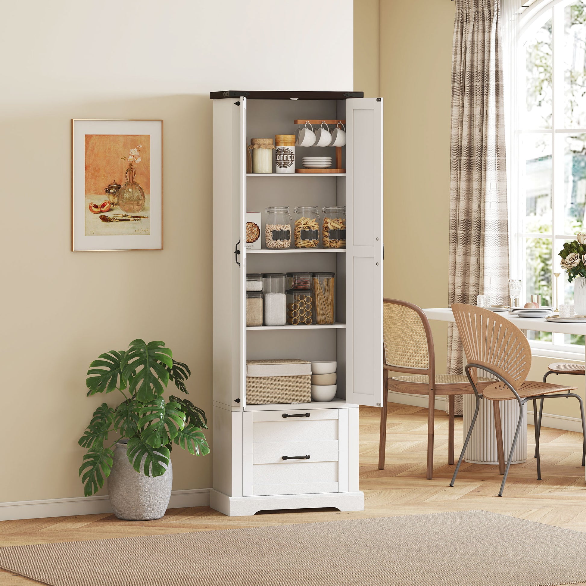 71" Farmhouse Kitchen Cabinet, 2 Drawer, Adjustable Shelves, White-DECOROLALA