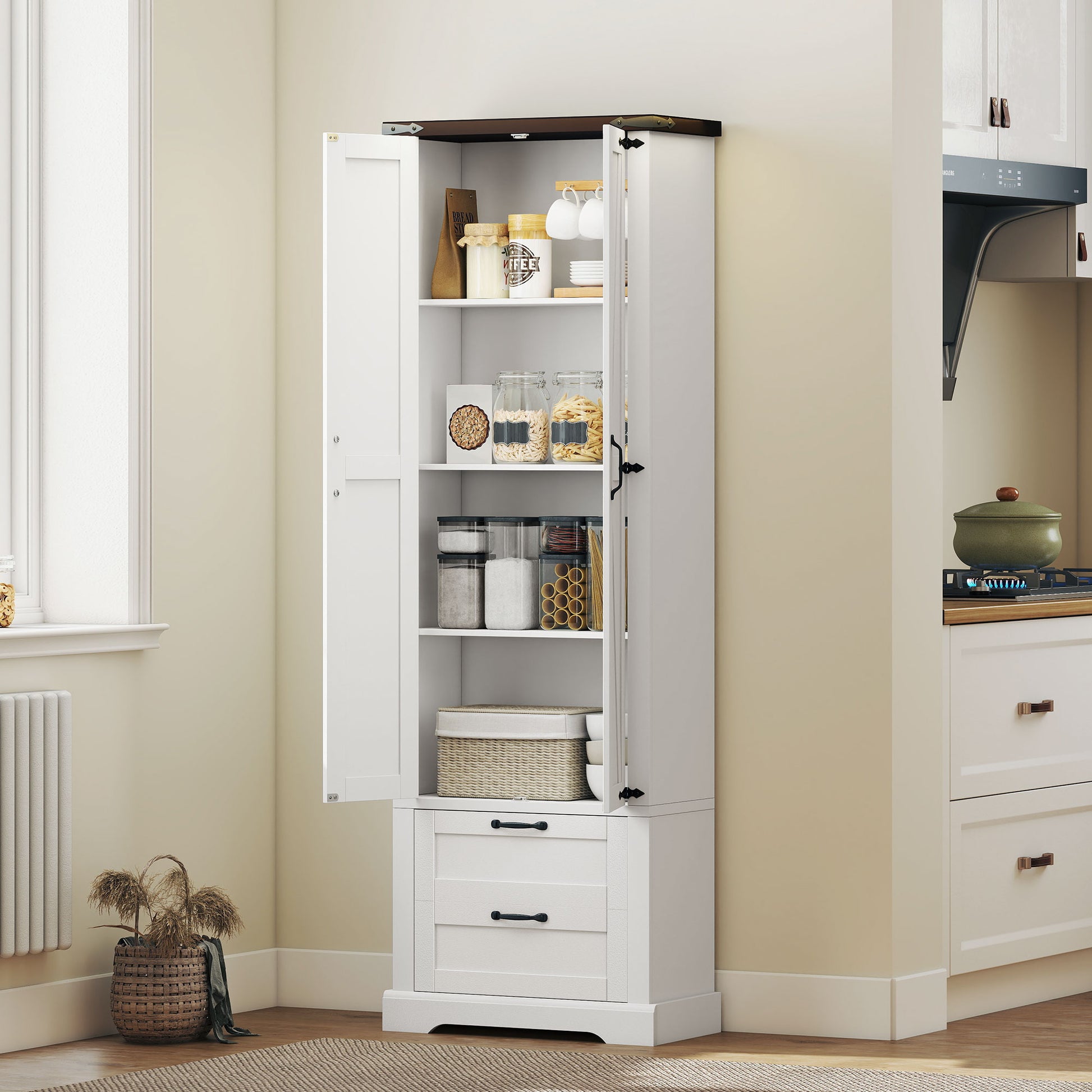 71" Farmhouse Kitchen Cabinet, 2 Drawer, Adjustable Shelves, White-DECOROLALA