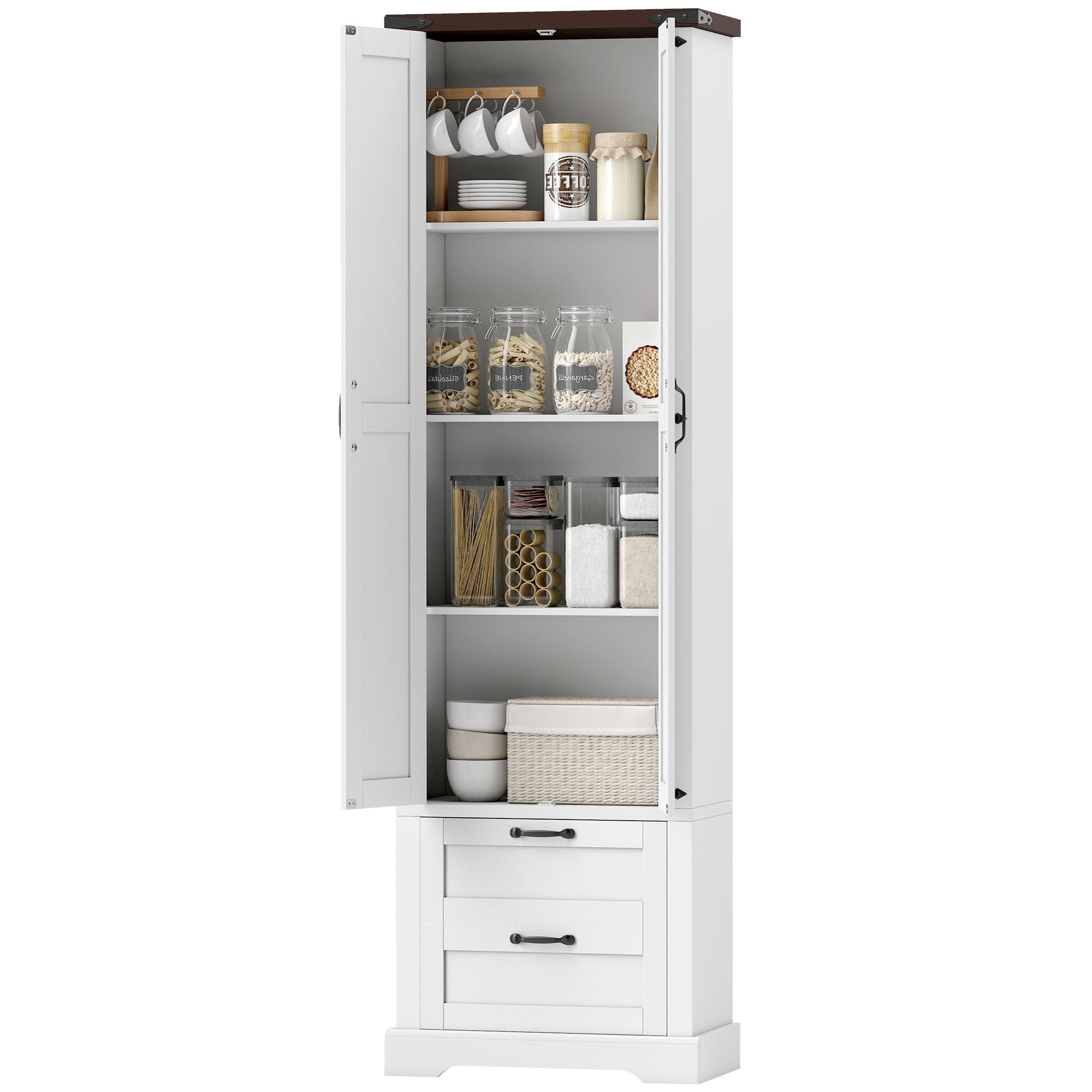 71" Farmhouse Kitchen Cabinet, 2 Drawer, Adjustable Shelves, White-DECOROLALA
