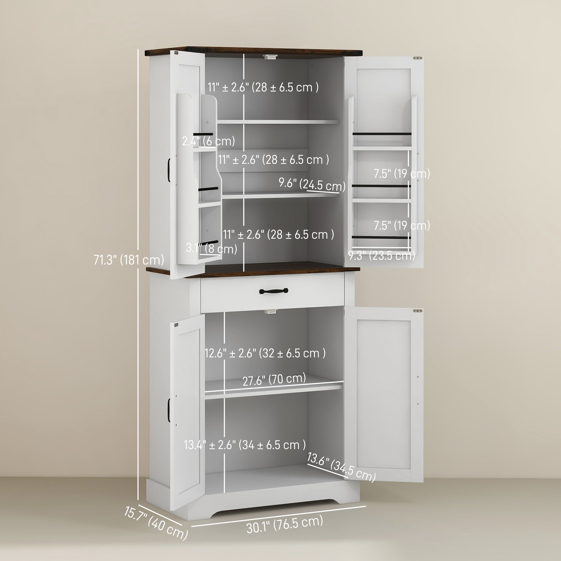 71" Farmhouse Pantry Cabinet, White with Barn Doors, Drawer & Shelves-DECOROLALA