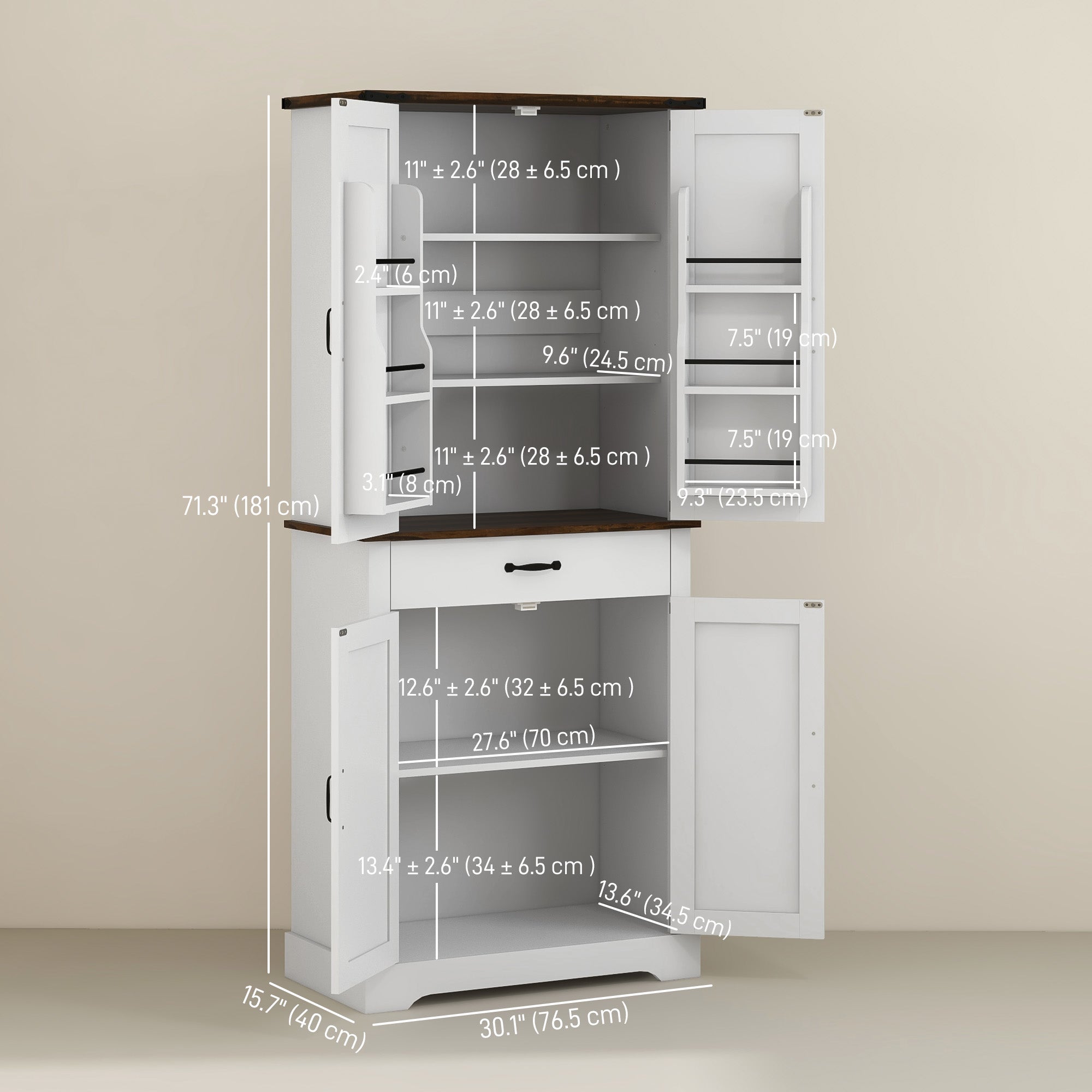 71" Farmhouse Pantry Cabinet, White with Barn Doors, Drawer & Shelves-DECOROLALA