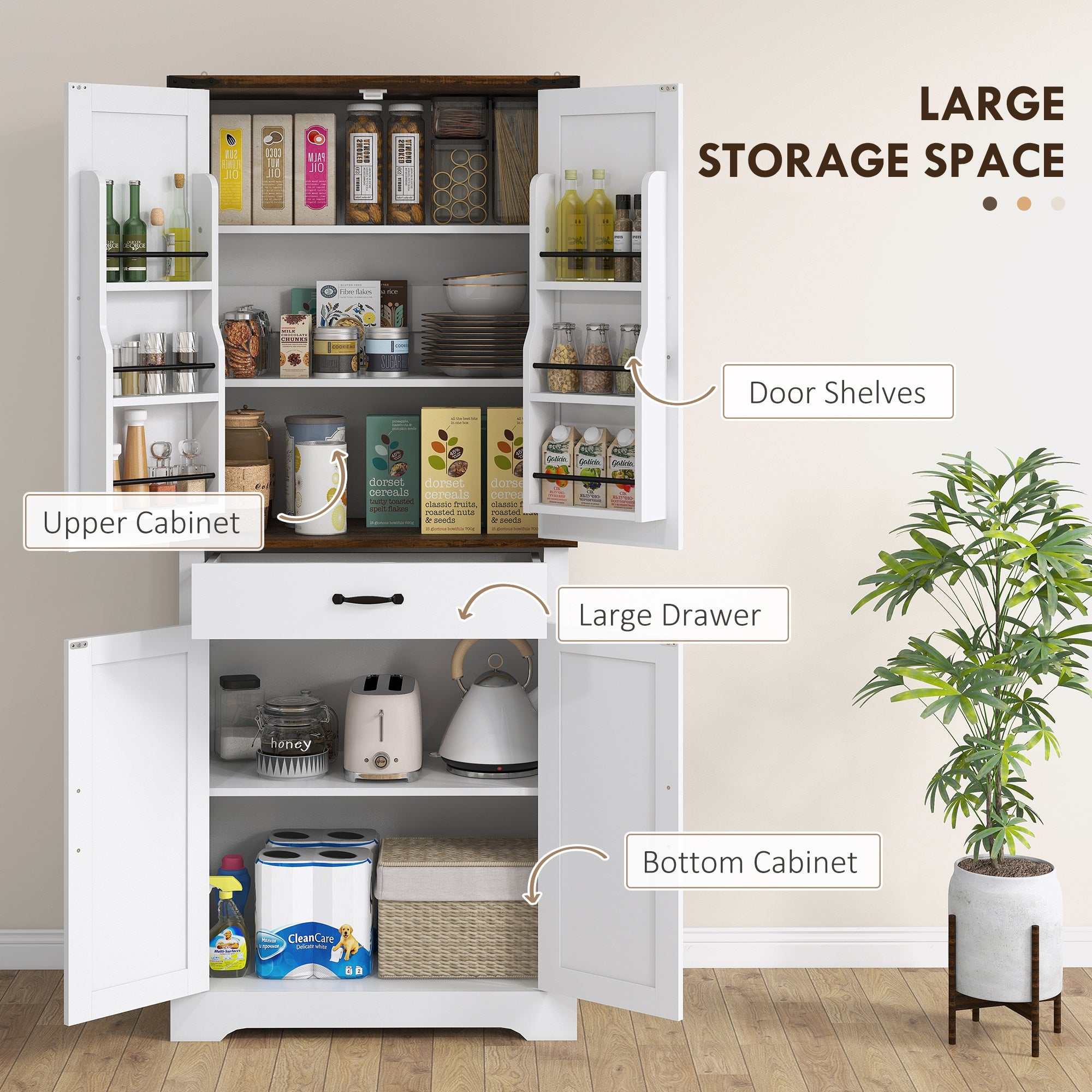 71" Farmhouse Pantry Cabinet, White with Barn Doors, Drawer & Shelves-DECOROLALA