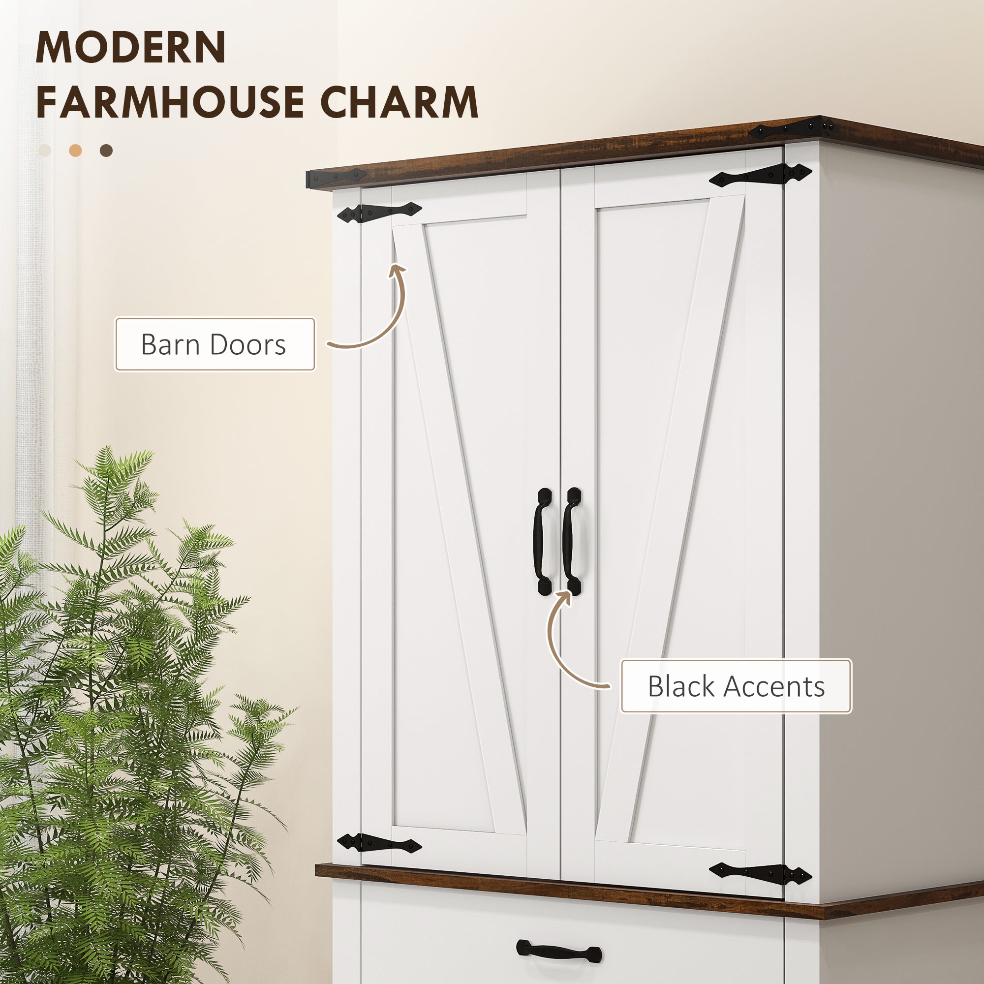 71" Farmhouse Pantry Cabinet, White with Barn Doors, Drawer & Shelves-DECOROLALA