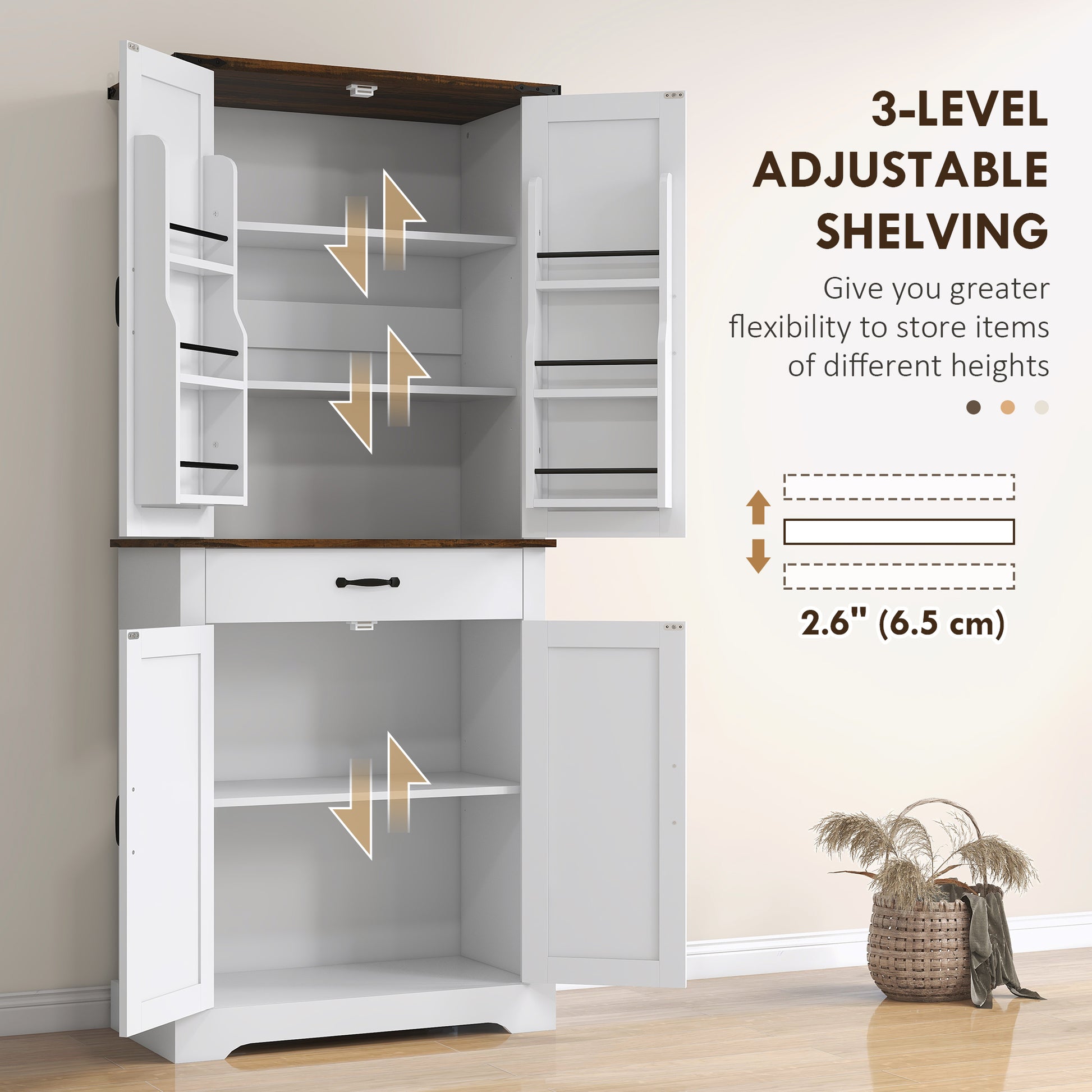 71" Farmhouse Pantry Cabinet, White with Barn Doors, Drawer & Shelves-DECOROLALA