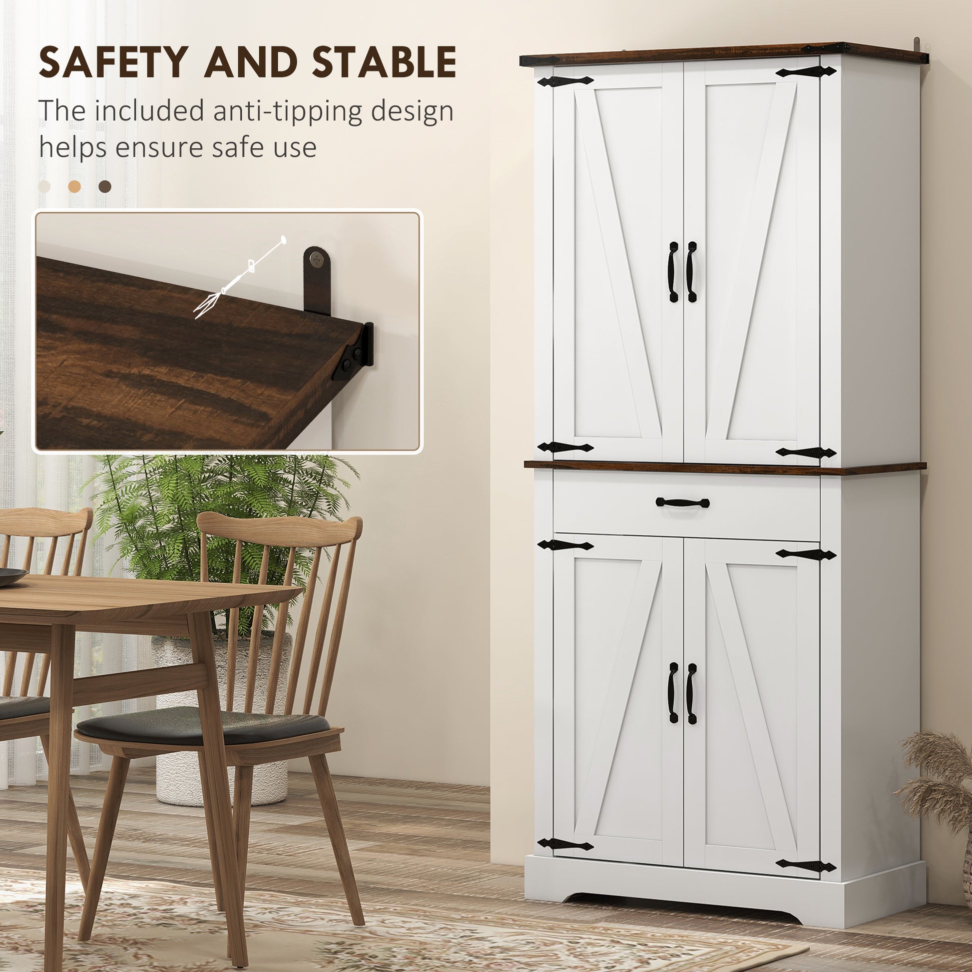 71" Farmhouse Pantry Cabinet, White with Barn Doors, Drawer & Shelves-DECOROLALA