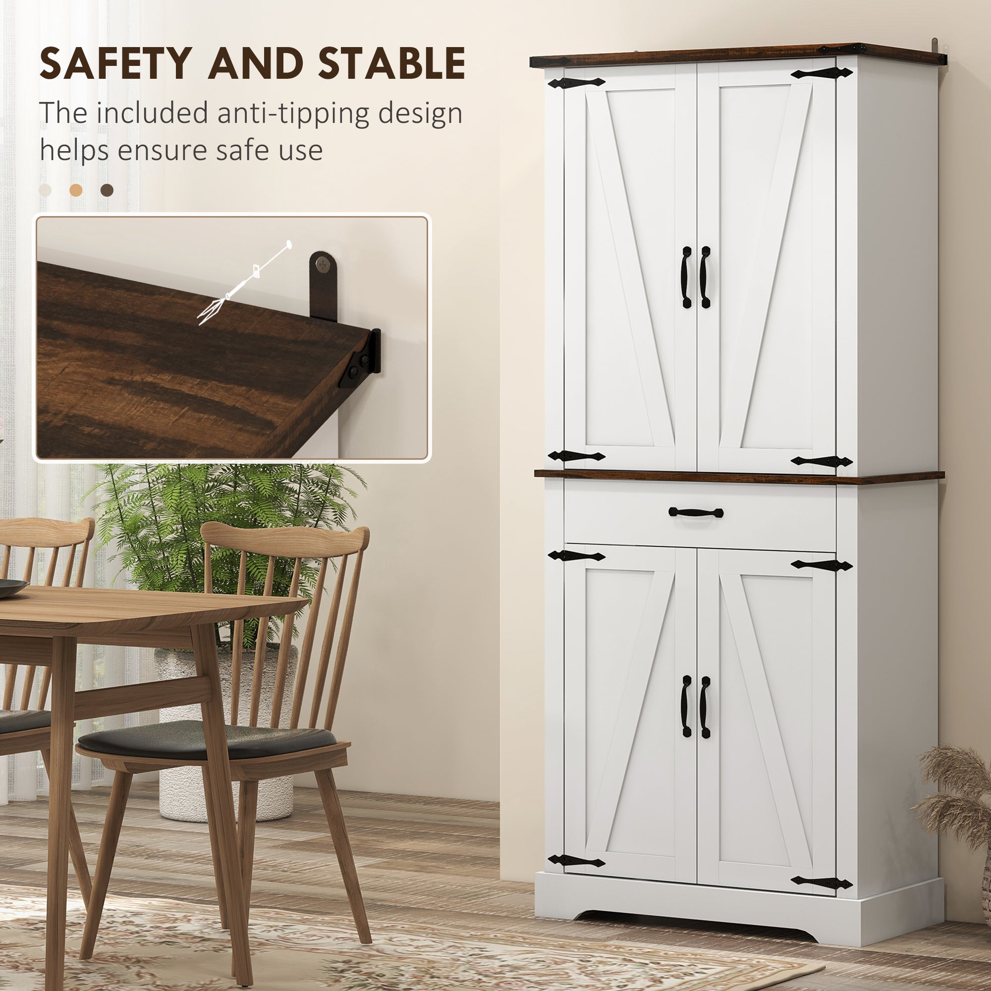 71" Farmhouse Pantry Cabinet, White with Barn Doors, Drawer & Shelves-DECOROLALA