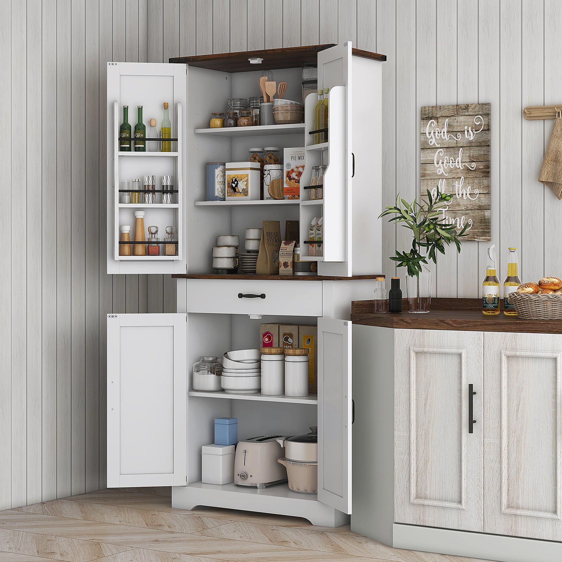 71" Farmhouse Pantry Cabinet, White with Barn Doors, Drawer & Shelves-DECOROLALA