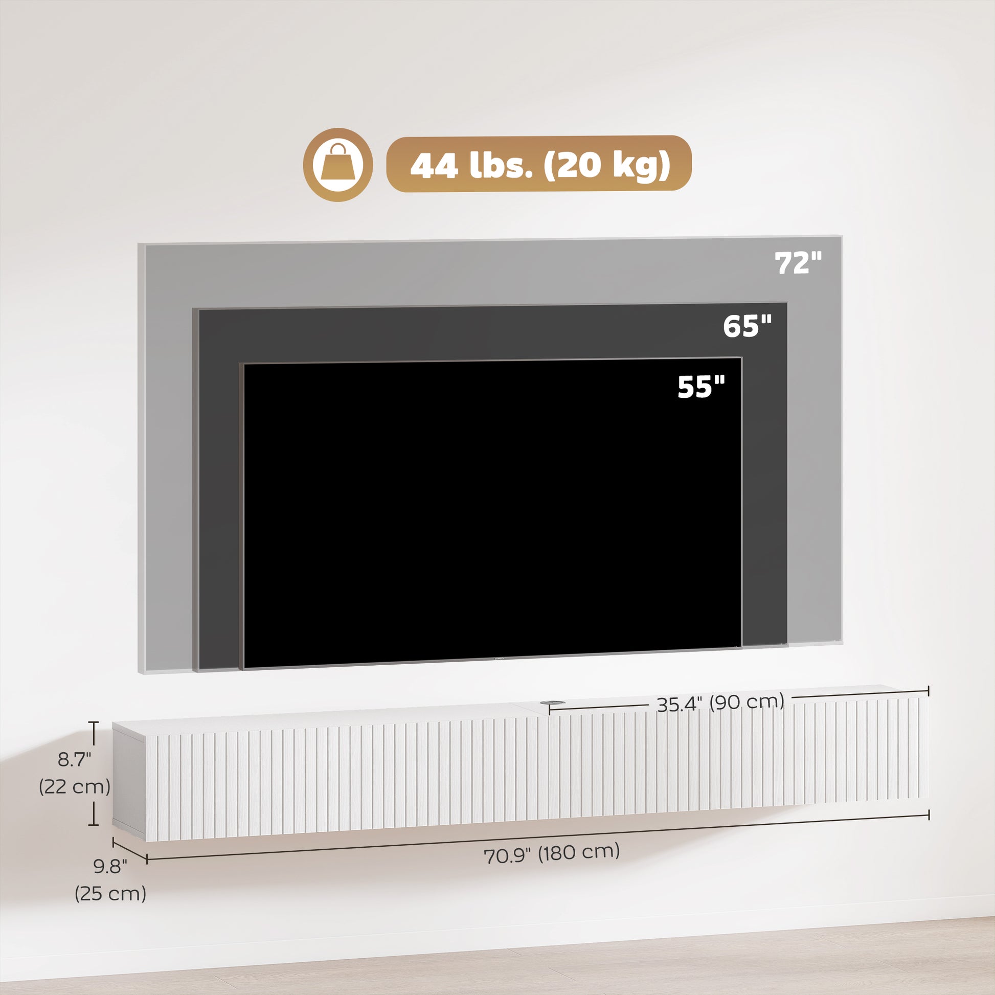 71" Floating TV Stand for TVs up to 72 Inch, Wall Mount Media Console with 2 Fluted Flip-Down Doors, Cable Hole, White-Home Furnishings > Living Room Furniture > TV¬†Stands-DECOROLALA