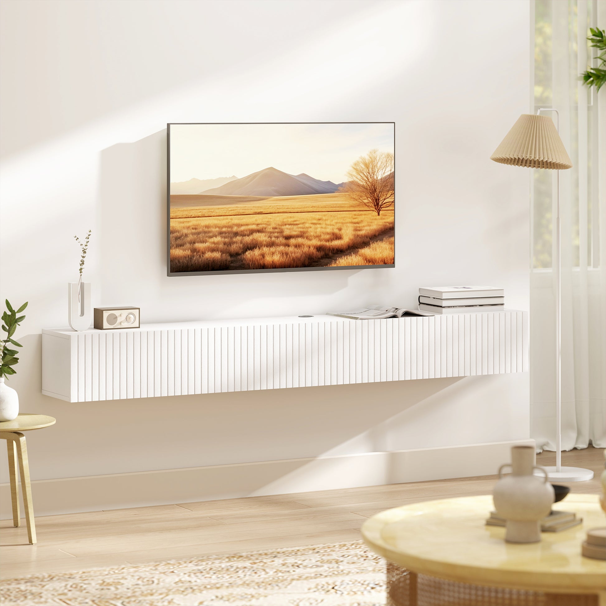 71" Floating TV Stand for TVs up to 72 Inch, Wall Mount Media Console with 2 Fluted Flip-Down Doors, Cable Hole, White-Home Furnishings > Living Room Furniture > TV¬†Stands-DECOROLALA