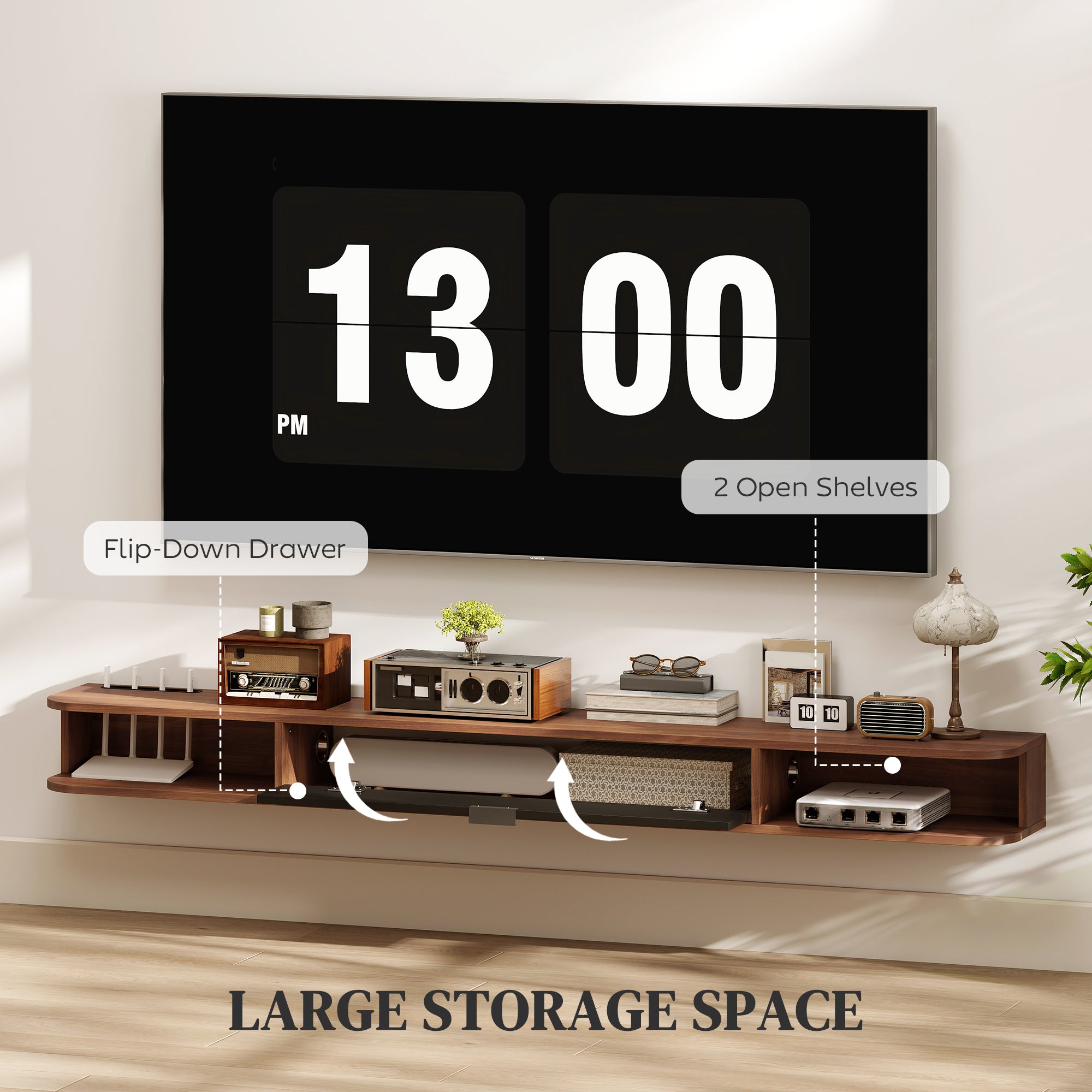 71" Floating TV Stand for TVs up to 75 Inch, Wall Mounted Media Console with Flip Drawer and 2 Open Shelves, Walnut-Home Furnishings > Living Room Furniture > TV¬†Stands-DECOROLALA