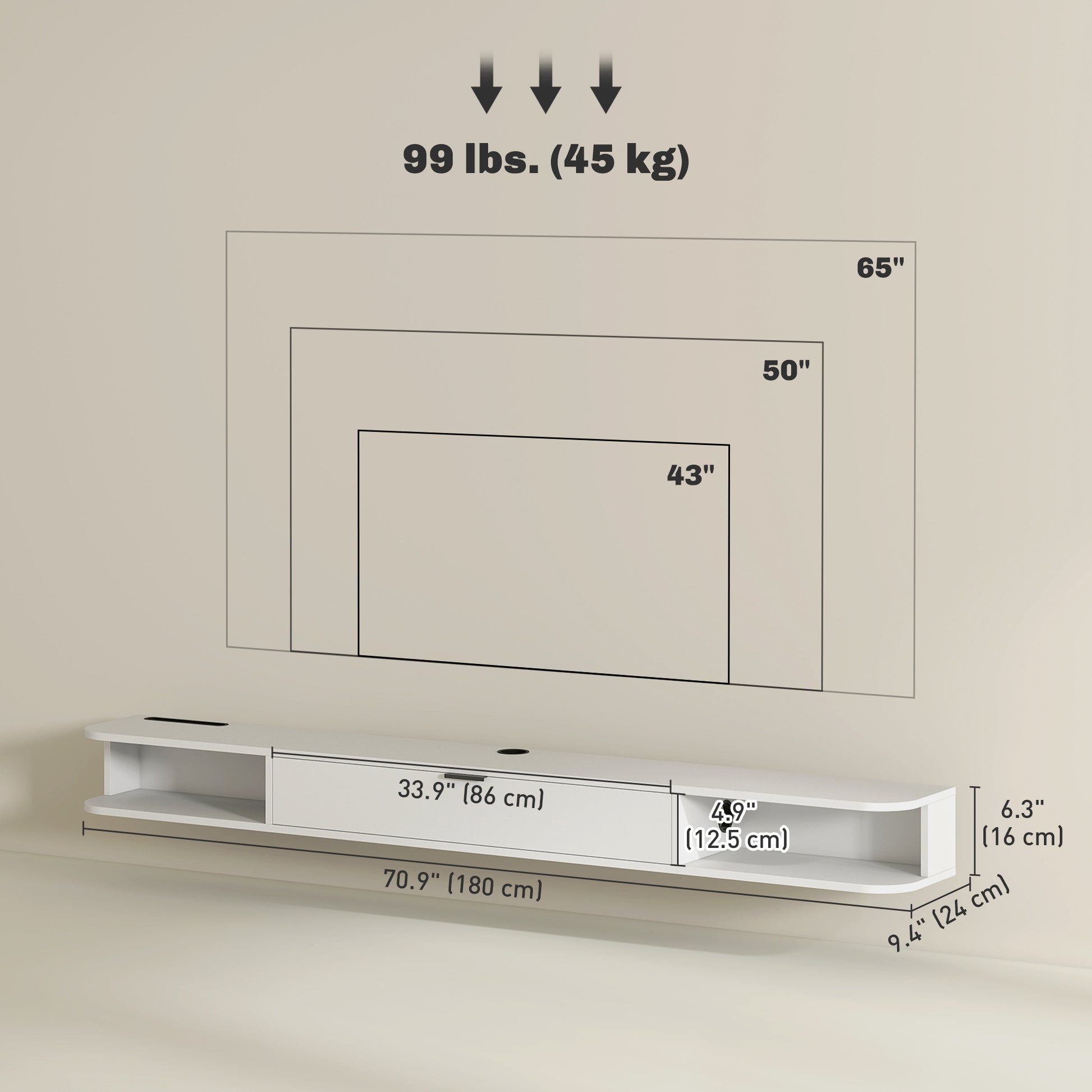 71" Floating TV Stand for TVs up to 75 Inch, Wall Mounted Media Console with Flip Drawer and 2 Open Shelves, White-Home Furnishings > Living Room Furniture > TV¬†Stands-DECOROLALA