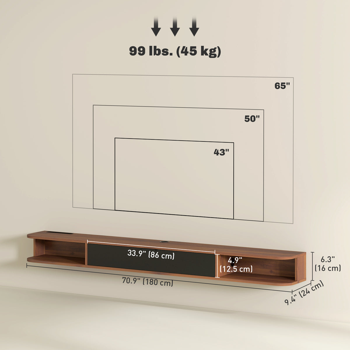 71" Floating TV Stand for TVs up to 75" - Walnut-Home Furnishings > Living Room Furniture > TV¬†Stands-DECOROLALA