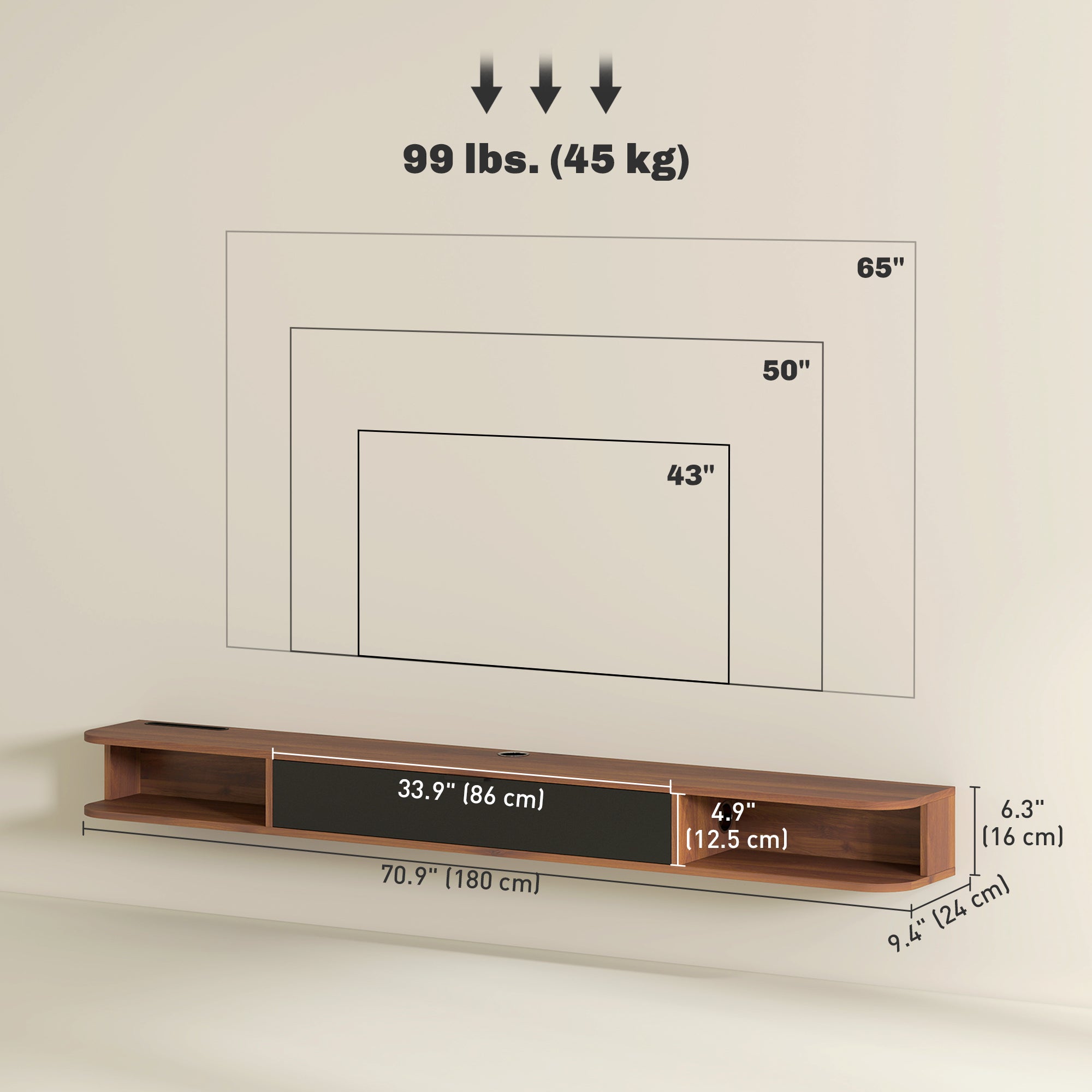 71" Floating TV Stand for TVs up to 75" - Walnut-Home Furnishings > Living Room Furniture > TV¬†Stands-DECOROLALA