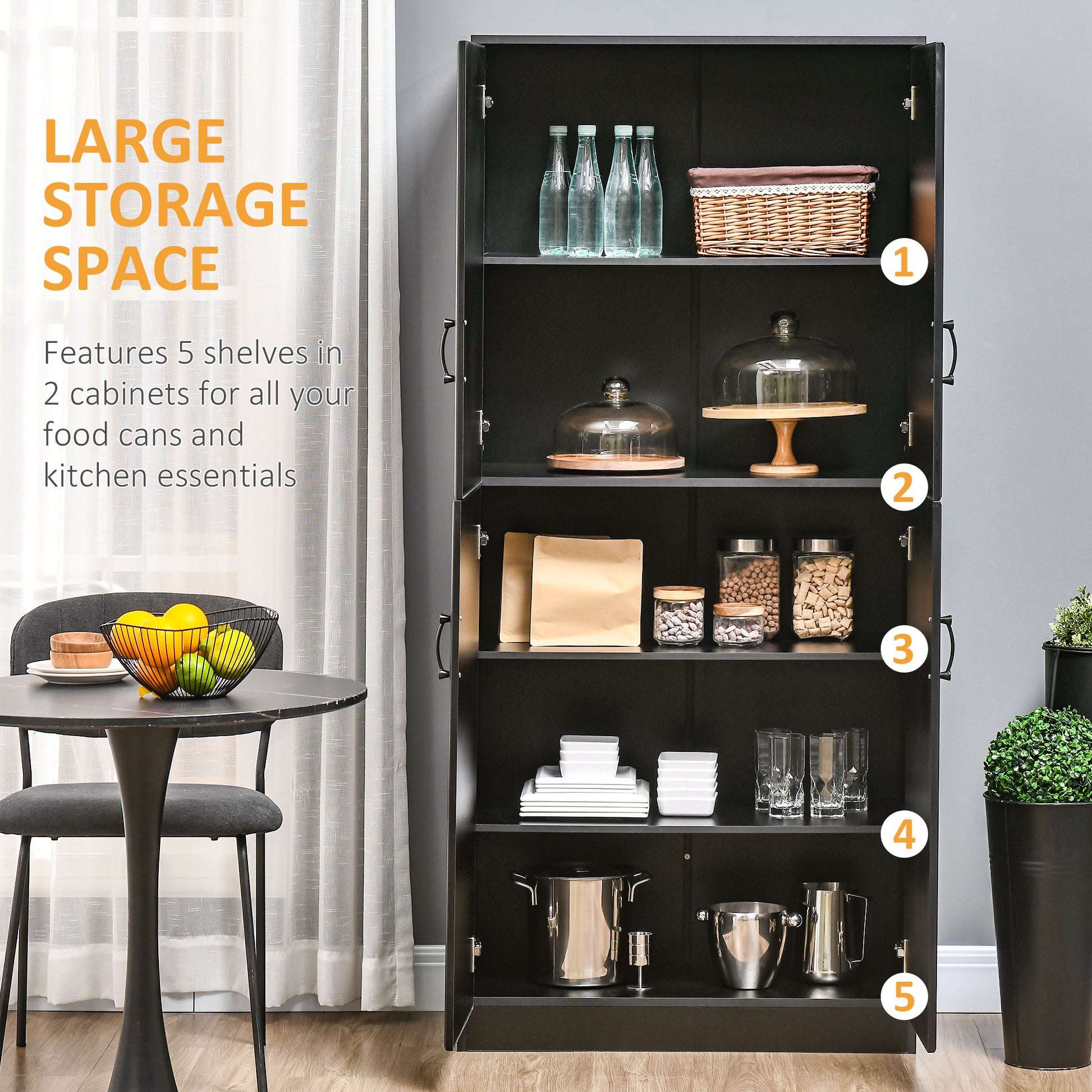 71" Freestanding Kitchen Pantry Cabinet - Black with 5 Shelves-DECOROLALA