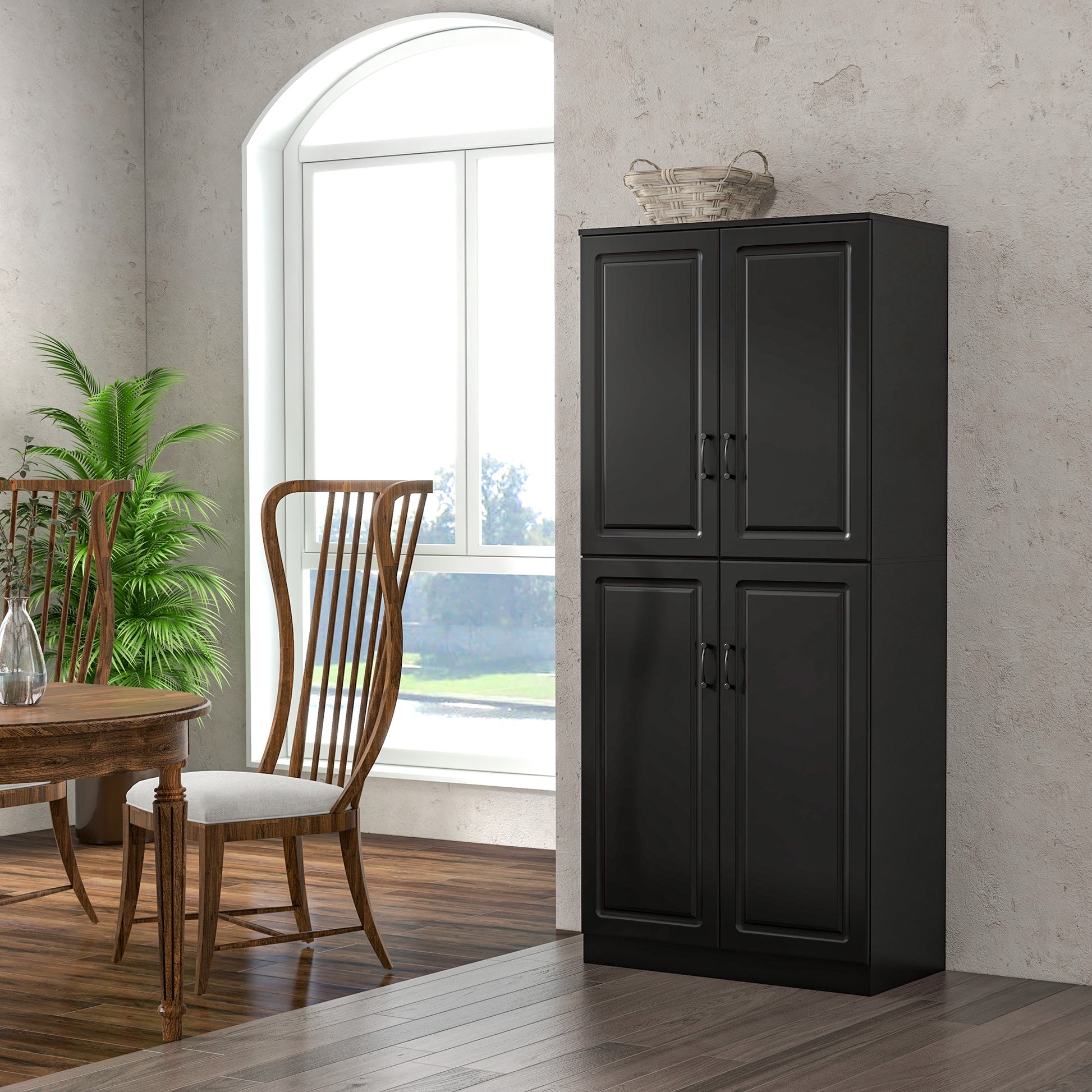 71" Freestanding Kitchen Pantry Cabinet - Black with 5 Shelves-DECOROLALA