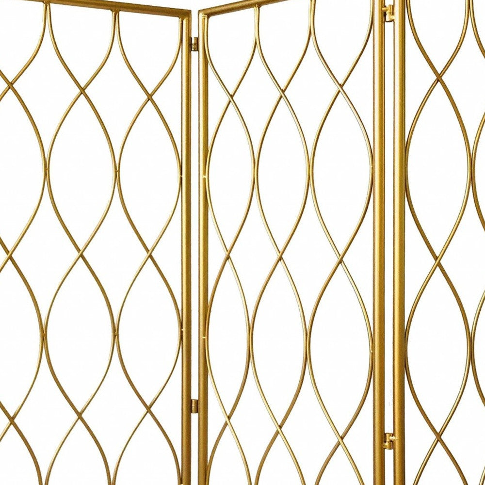 71" Gold Iron Folding Three Panel Screen Room Divider-Room Dividers-DECOROLALA