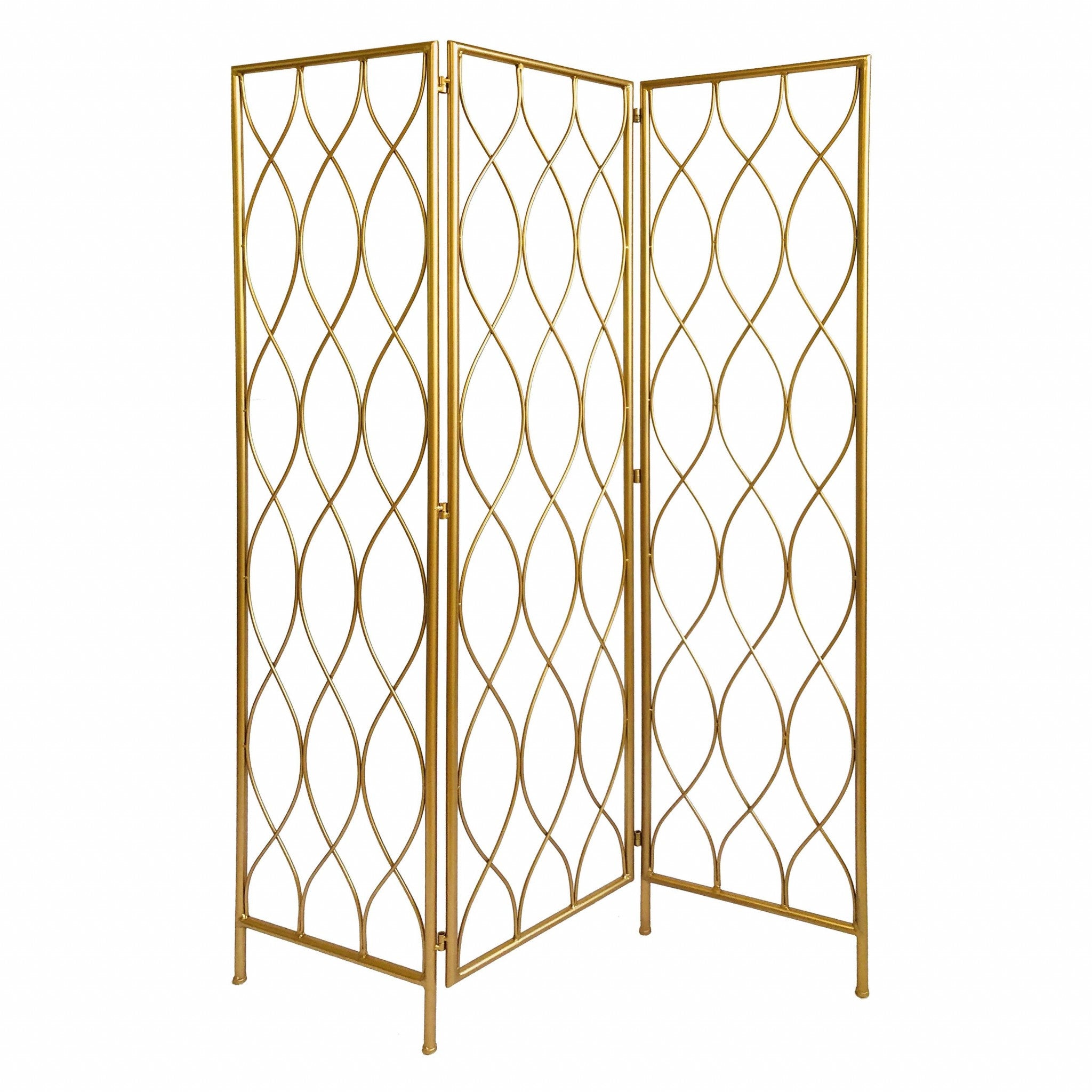 71" Gold Iron Folding Three Panel Screen Room Divider-Room Dividers-DECOROLALA