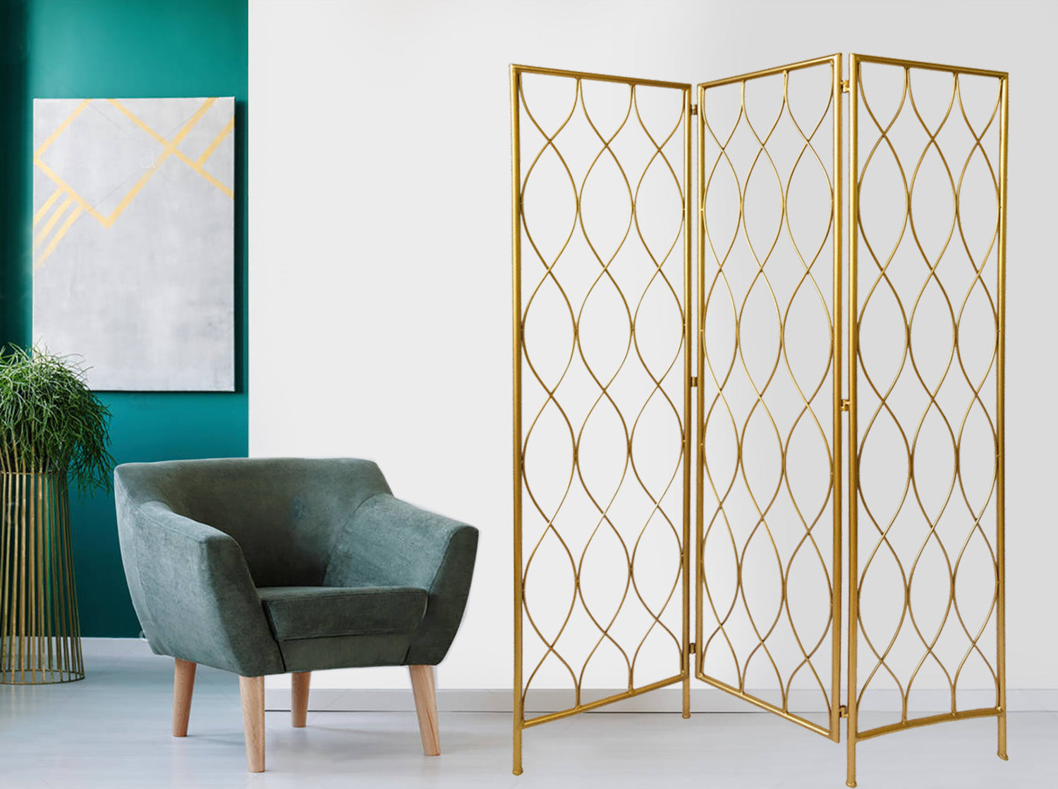 71" Gold Iron Folding Three Panel Screen Room Divider-Room Dividers-DECOROLALA