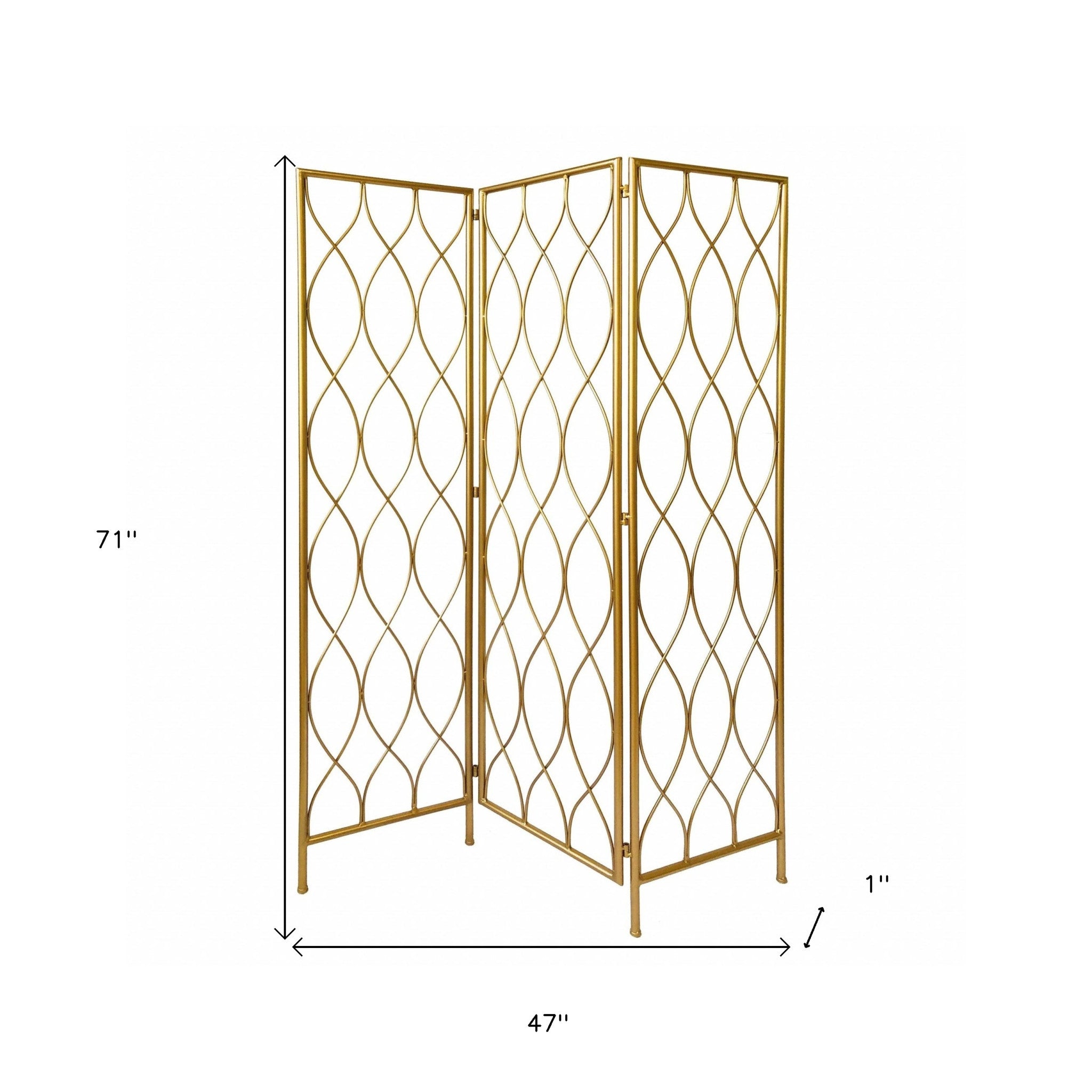 71" Gold Iron Folding Three Panel Screen Room Divider-Room Dividers-DECOROLALA