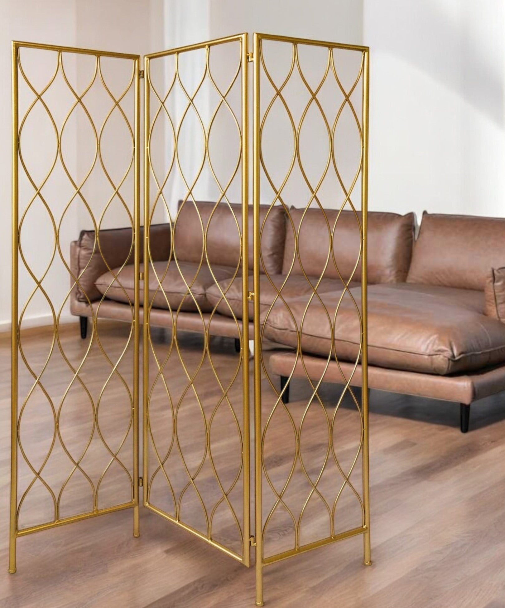 71" Gold Iron Folding Three Panel Screen Room Divider-Room Dividers-DECOROLALA
