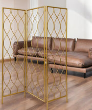71" Gold Iron Folding Three Panel Screen Room Divider-Room Dividers-DECOROLALA