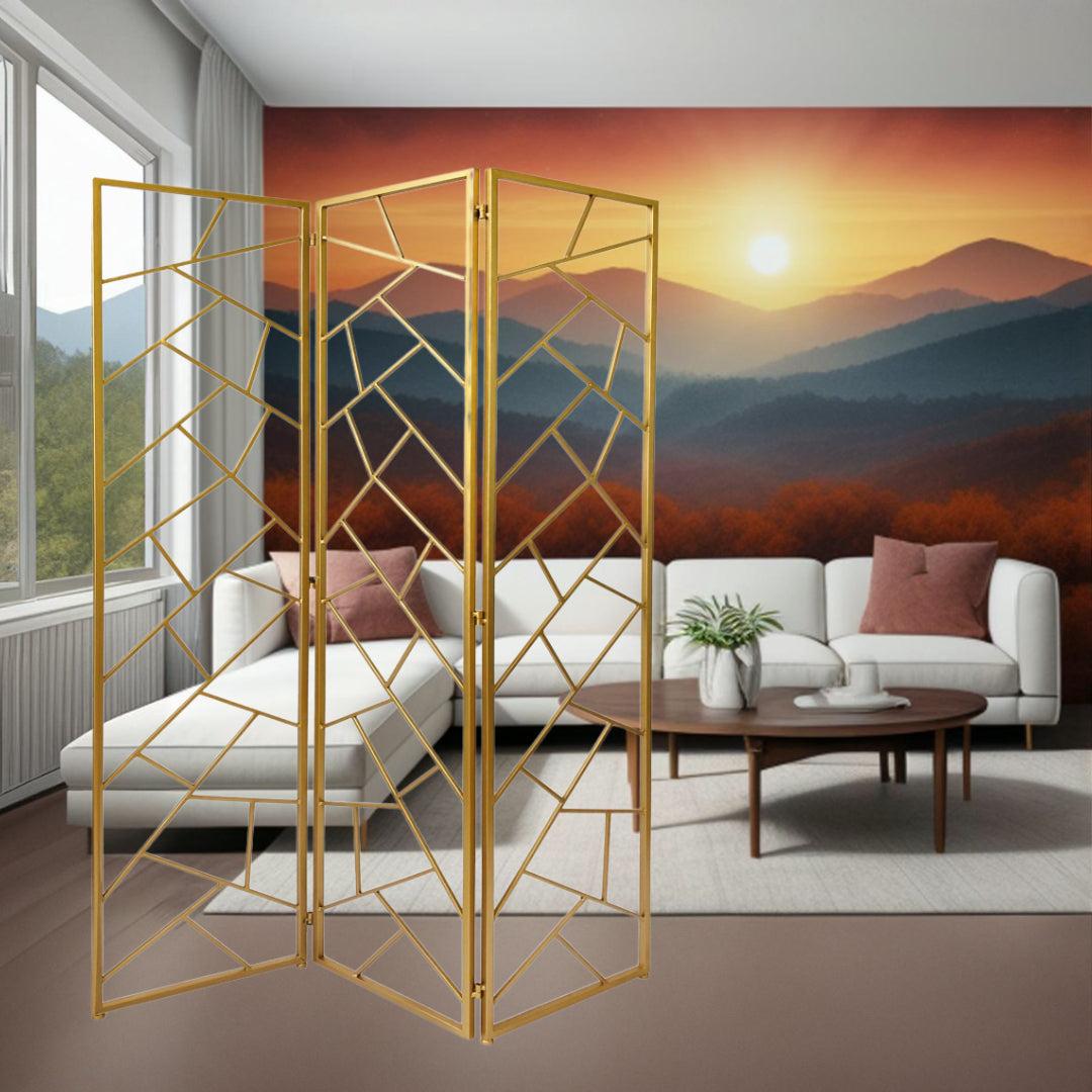 71" Gold IronFolding Three Panel Screen Room Divider-Room Dividers-DECOROLALA