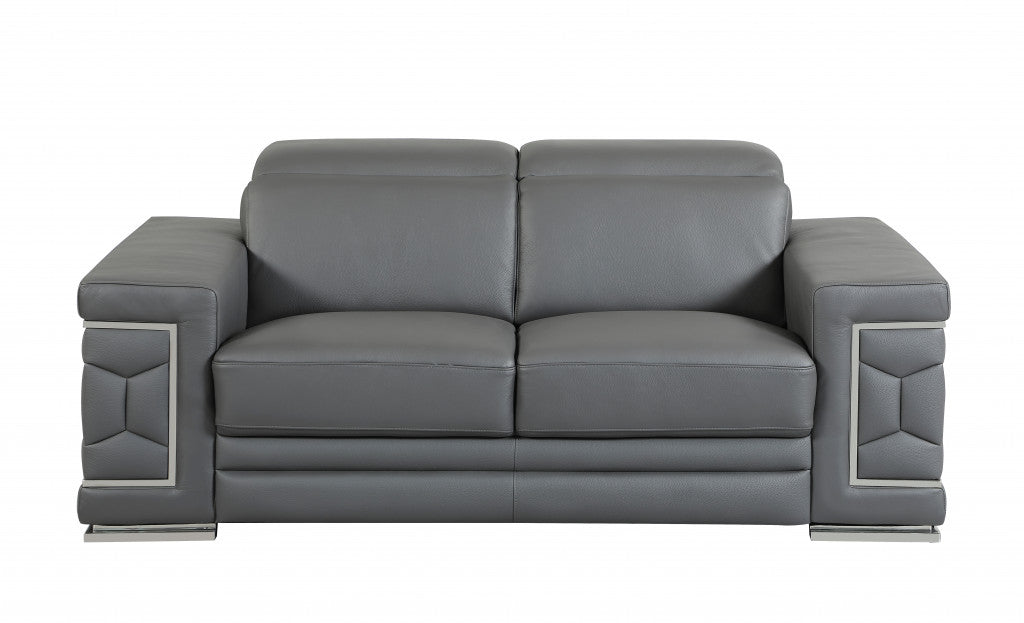 71" Gray And Silver Genuine Leather Love Seat-Love Seats-DECOROLALA