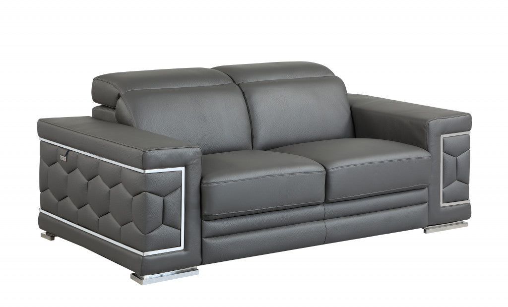 71" Gray And Silver Genuine Leather Love Seat-Love Seats-DECOROLALA