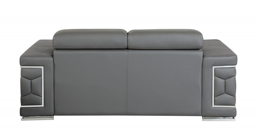 71" Gray And Silver Genuine Leather Love Seat-Love Seats-DECOROLALA