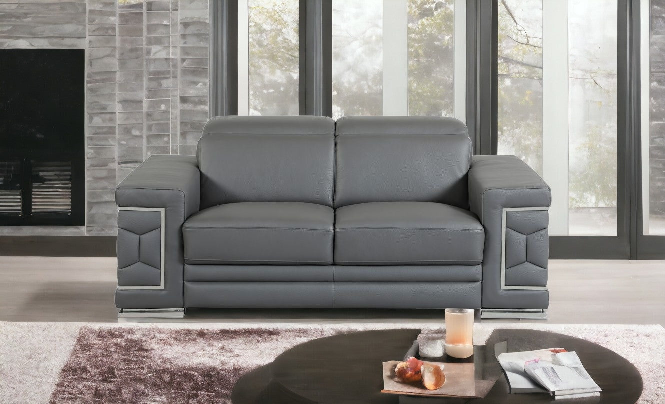71" Gray And Silver Genuine Leather Love Seat-Love Seats-DECOROLALA
