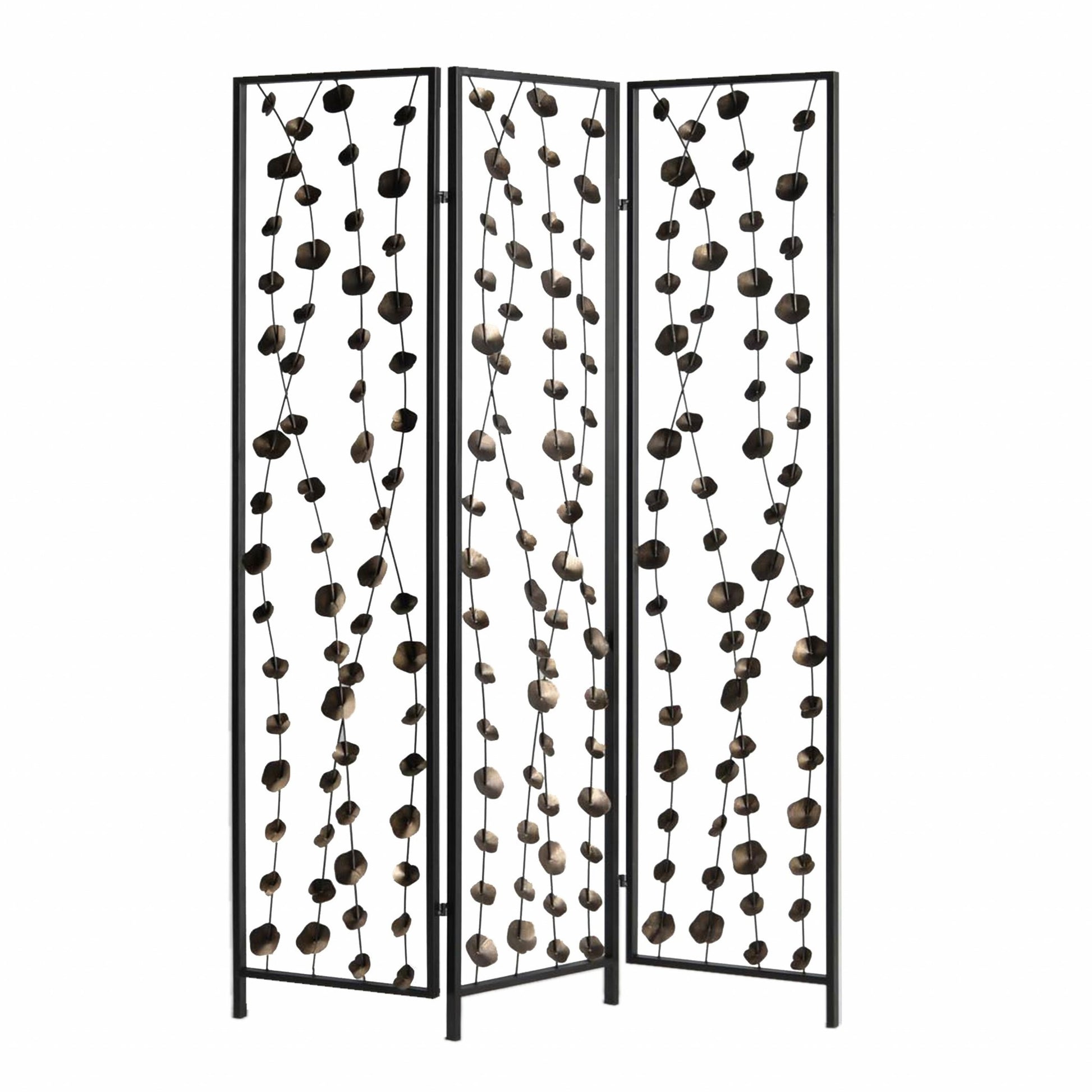 71" Gray Iron Folding Three Panel Screen Room Divider-Room Dividers-DECOROLALA