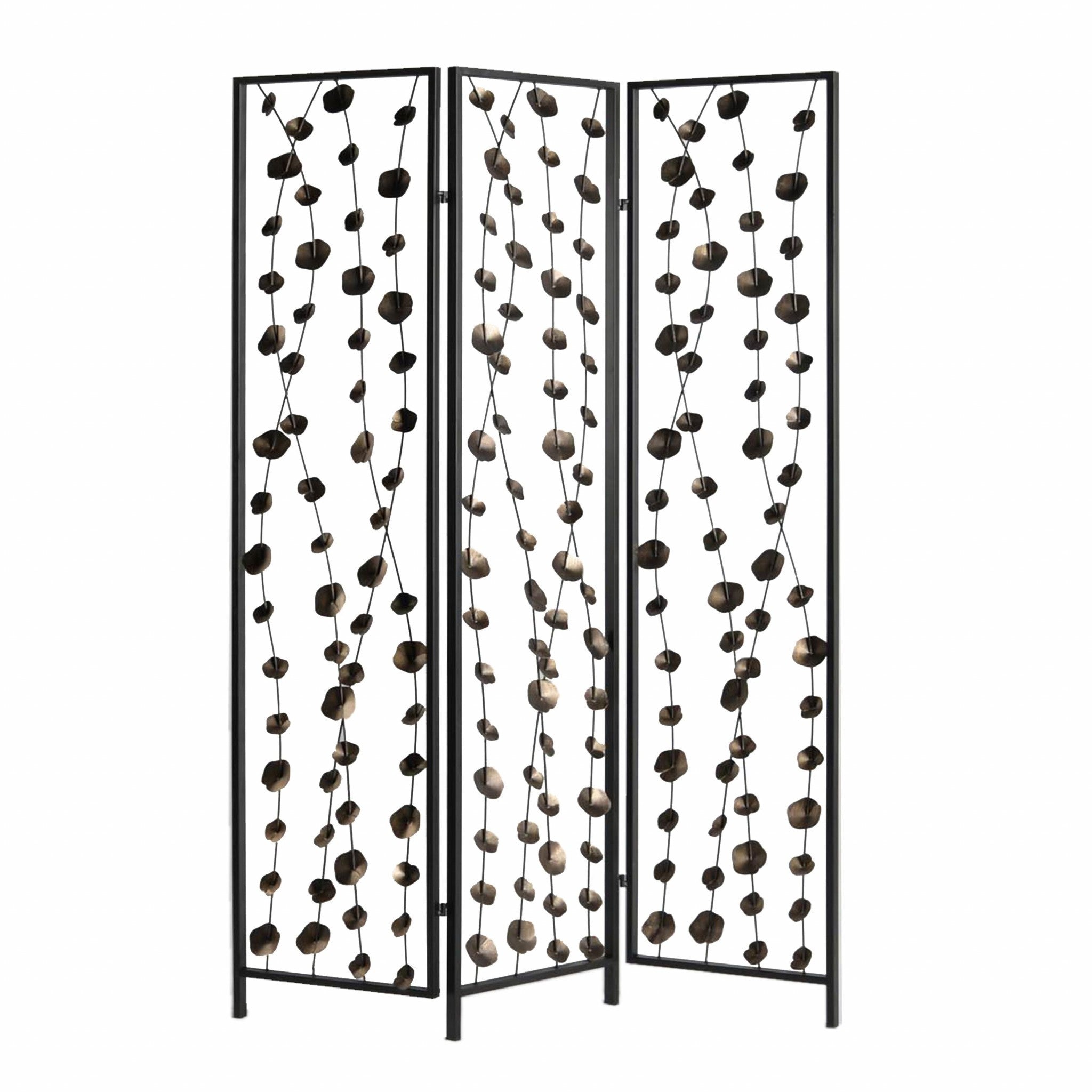 71" Gray Iron Folding Three Panel Screen Room Divider-Room Dividers-DECOROLALA