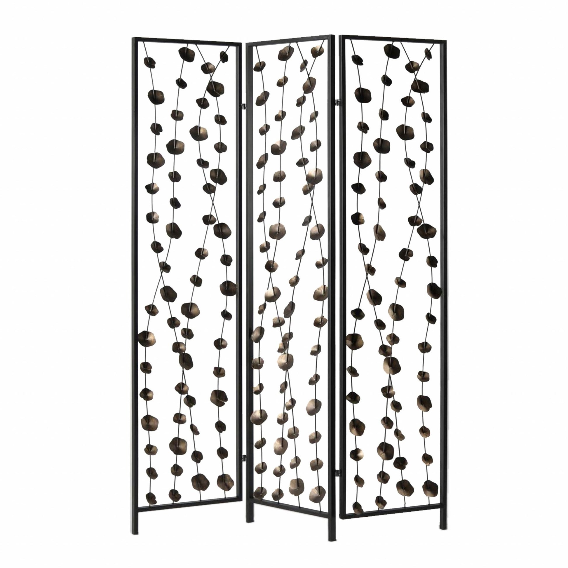 71" Gray Iron Folding Three Panel Screen Room Divider-Room Dividers-DECOROLALA