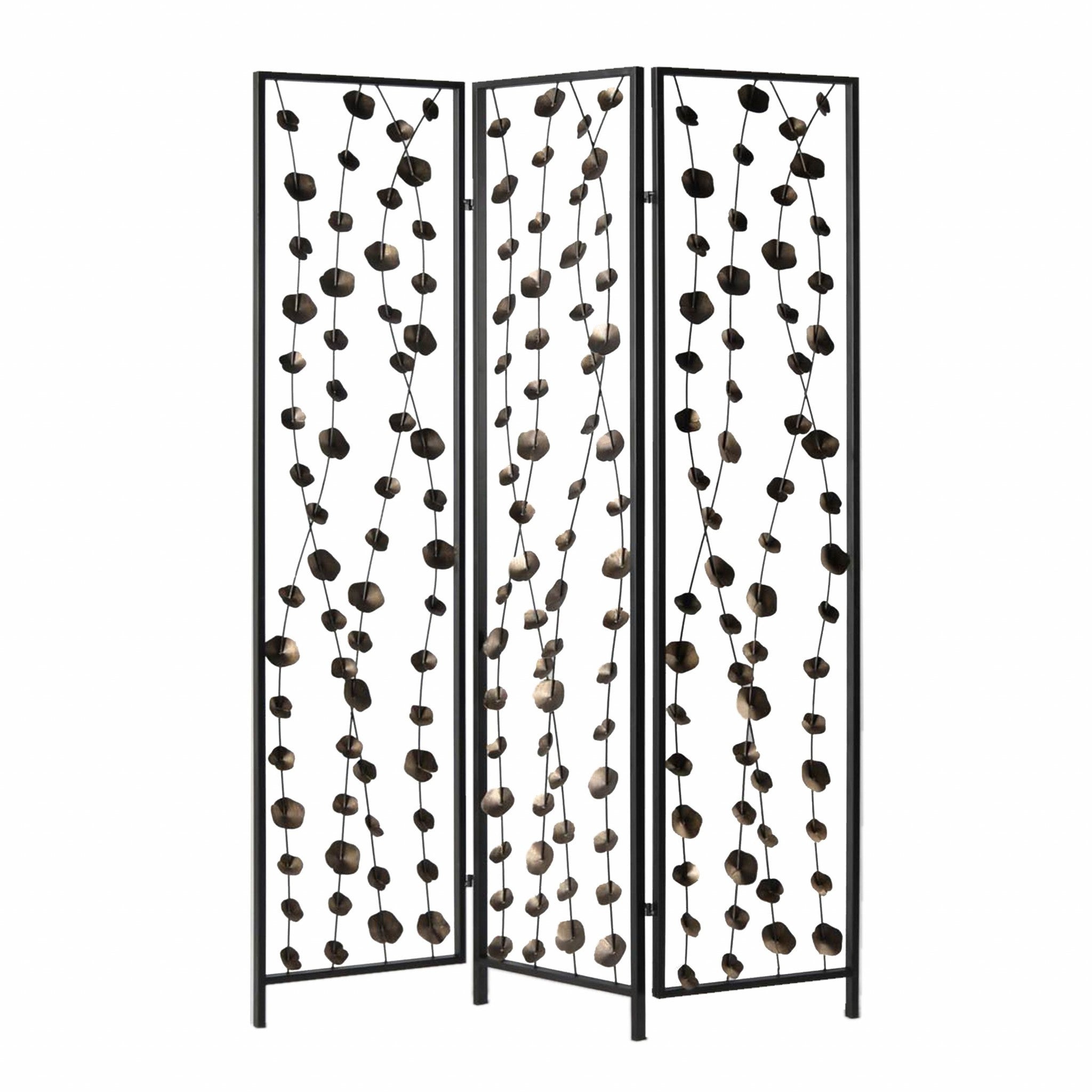 71" Gray Iron Folding Three Panel Screen Room Divider-Room Dividers-DECOROLALA