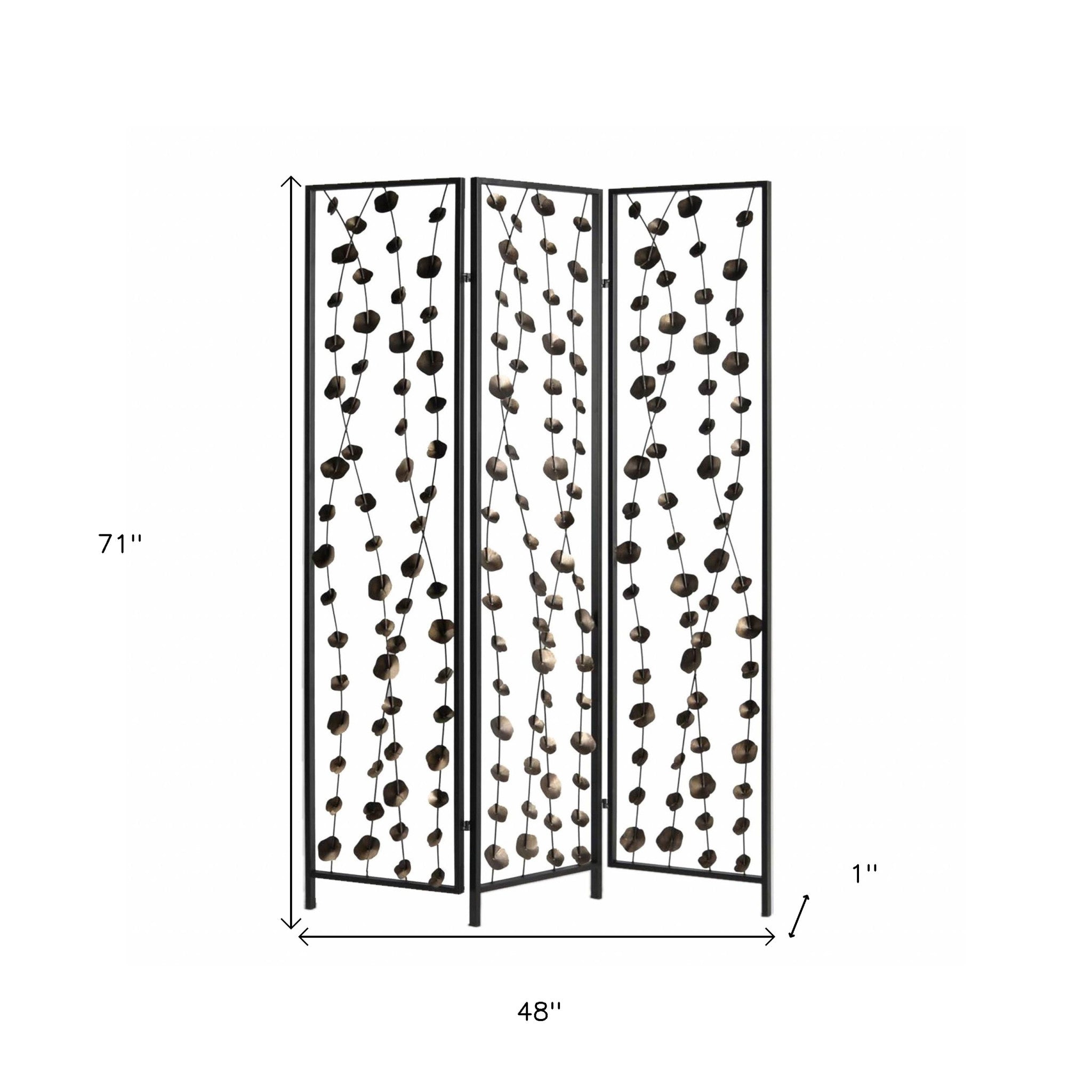 71" Gray Iron Folding Three Panel Screen Room Divider-Room Dividers-DECOROLALA