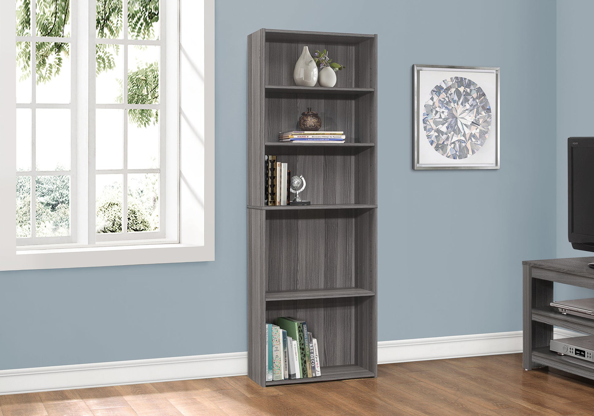 71" Gray Wood Adjustable Five Tier Bookcase-Bookcases-DECOROLALA